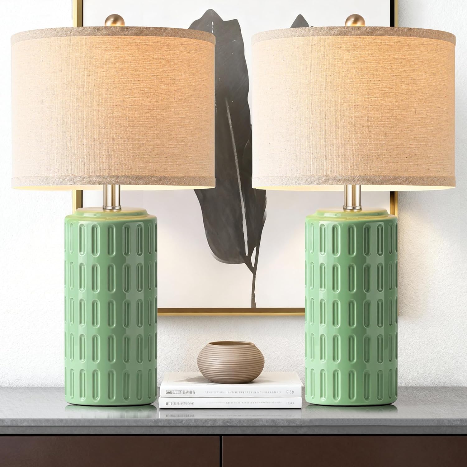 Cinoton 23 Farmhouse Modern Ceramic Table Lamp Set of 2 - Sage Green Bedside Lamps for Bedroom and Living Room Nightstand Desk End Table