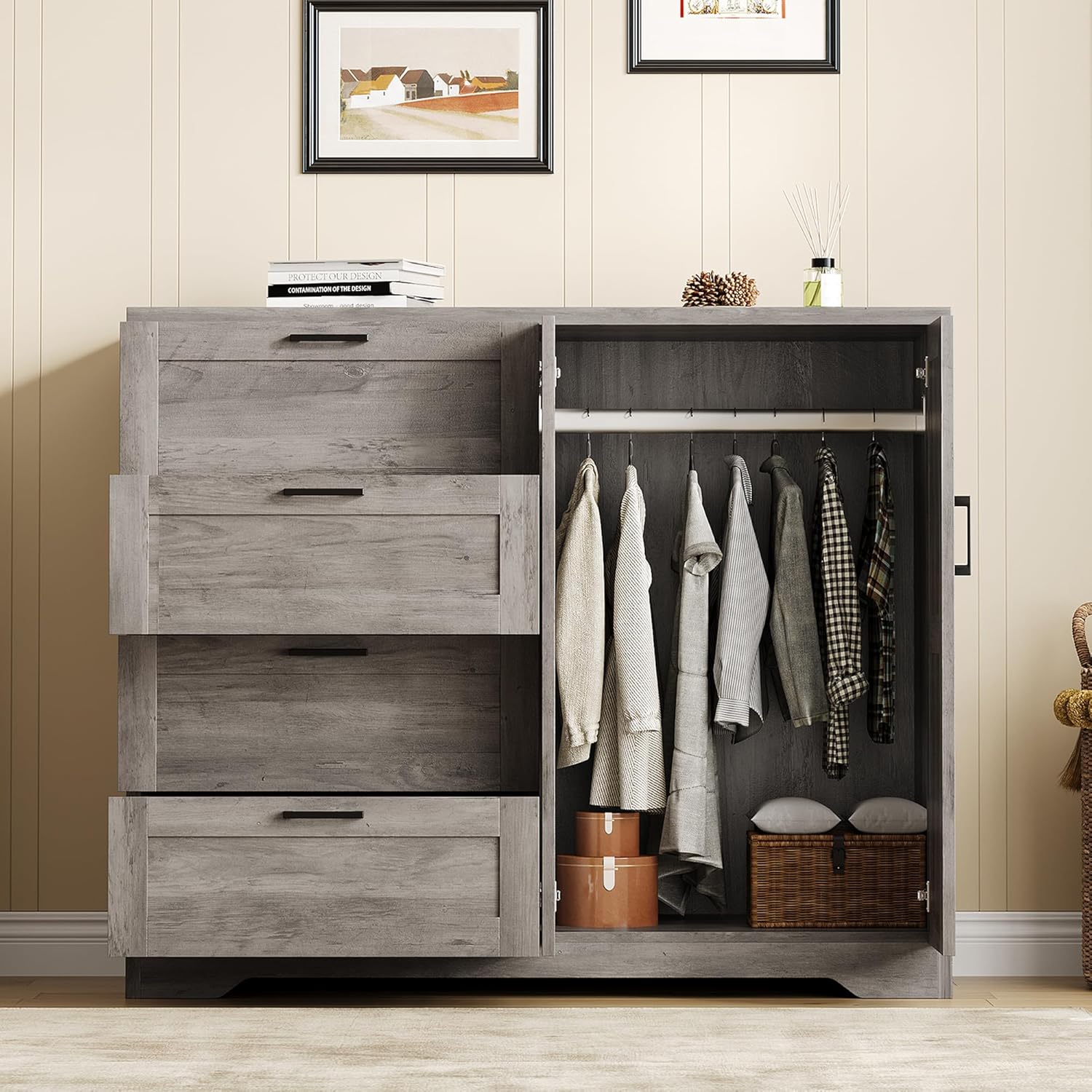 GAOMON Armoire wardrobe cabinet 43 inch high with 4 drawers 2 doors and hanging rod wood storage closet for bedroom bathroom gray
