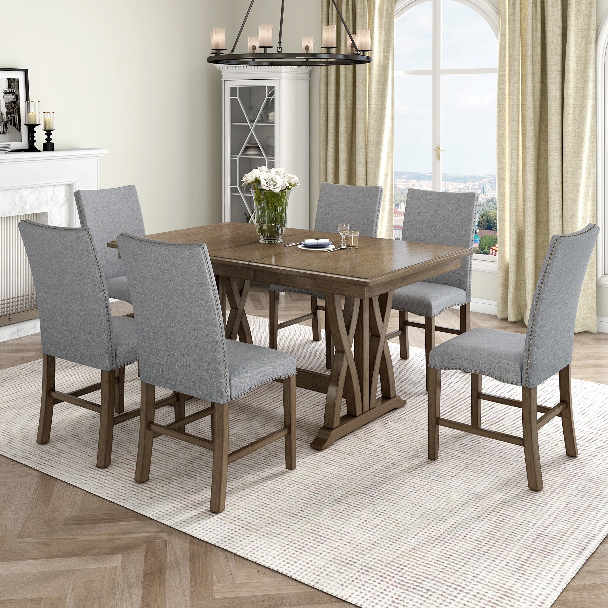 LOVMOR SF-H-N717S000015D Mid-Century Solid Wood 7-Piece Dining Table Set with Upholstered Chairs and 12in Leaf for 6 Golden Brown+Gray Cushion