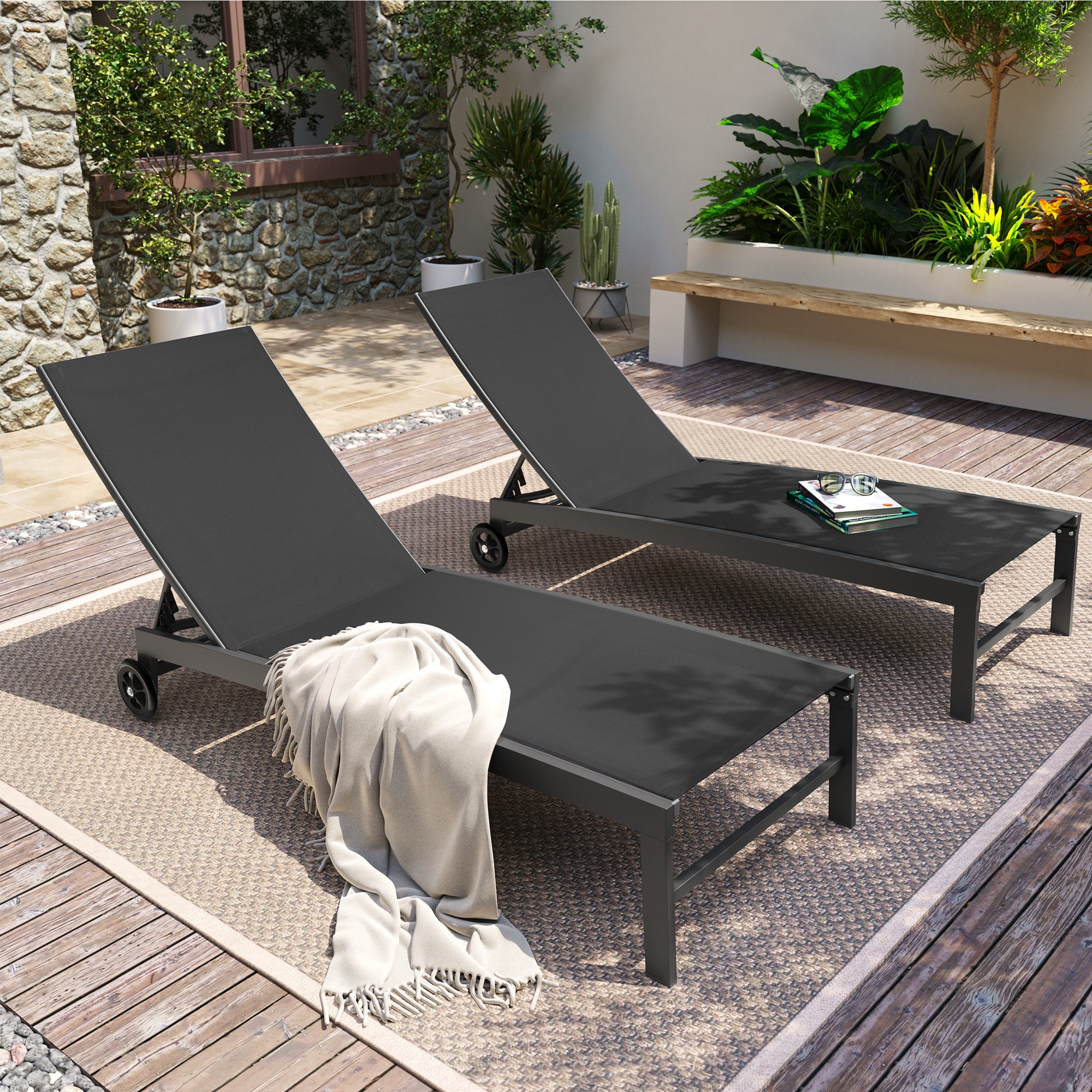 Pellebant - Set of 2 Black Steel Frame Stationary Chaise Lounge Chair with Black Mesh Seat