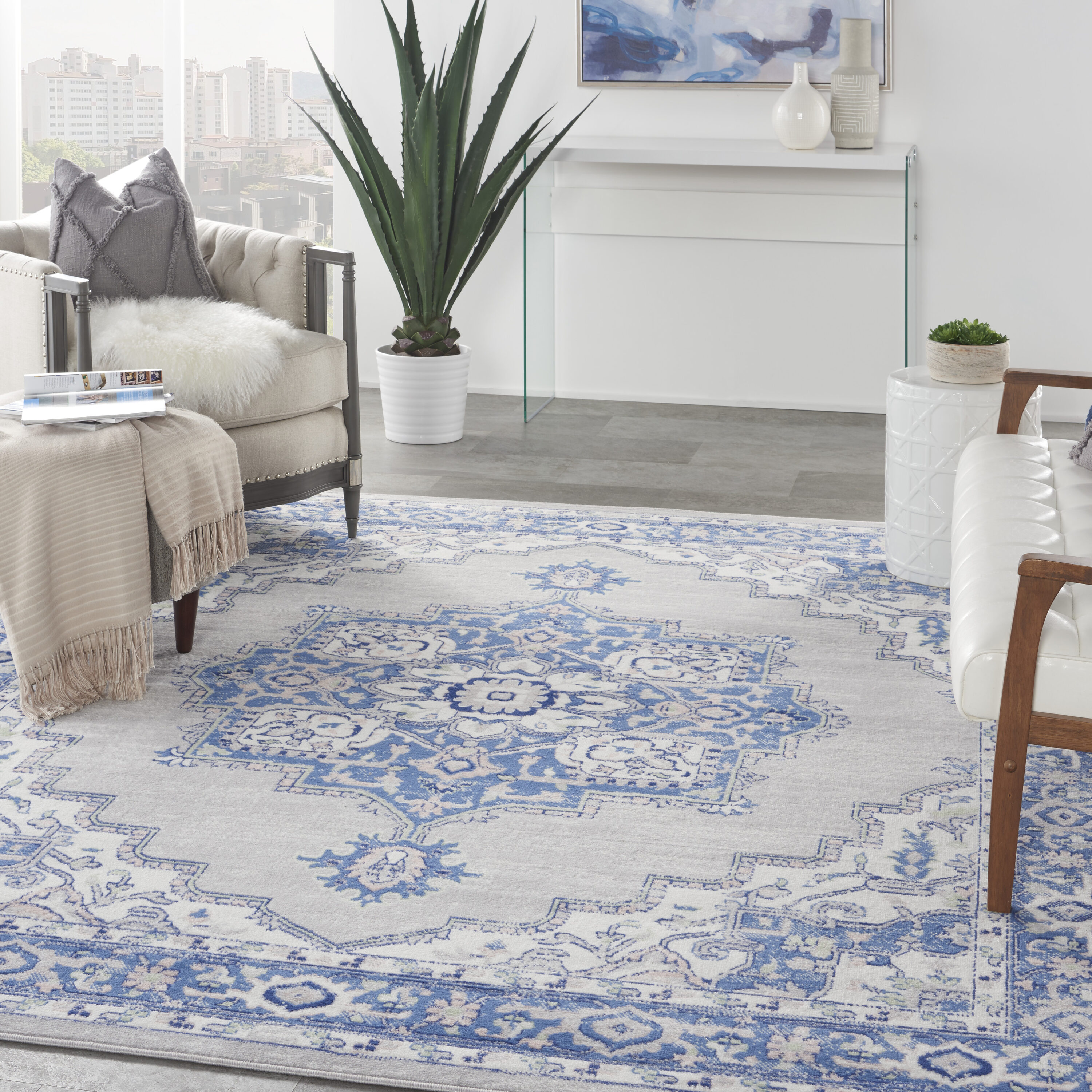 Nourison 99446831514 Whimsicle 8 x 10 (ft) Loomed Polypropylene Grey Blue Rectangular Indoor Medallion Area rug