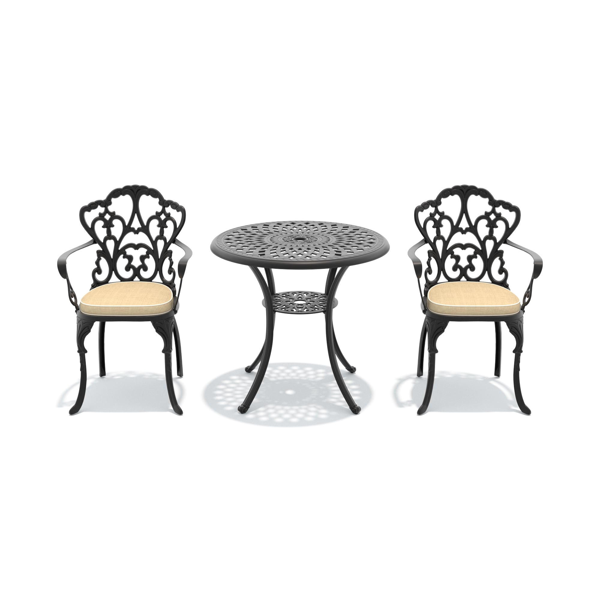 AHIOU HOME Prestige 3 -Piece Black Patio Dining Set Aluminum Round Table with 2 Beige Cushions Stackable Stationary Chairs
