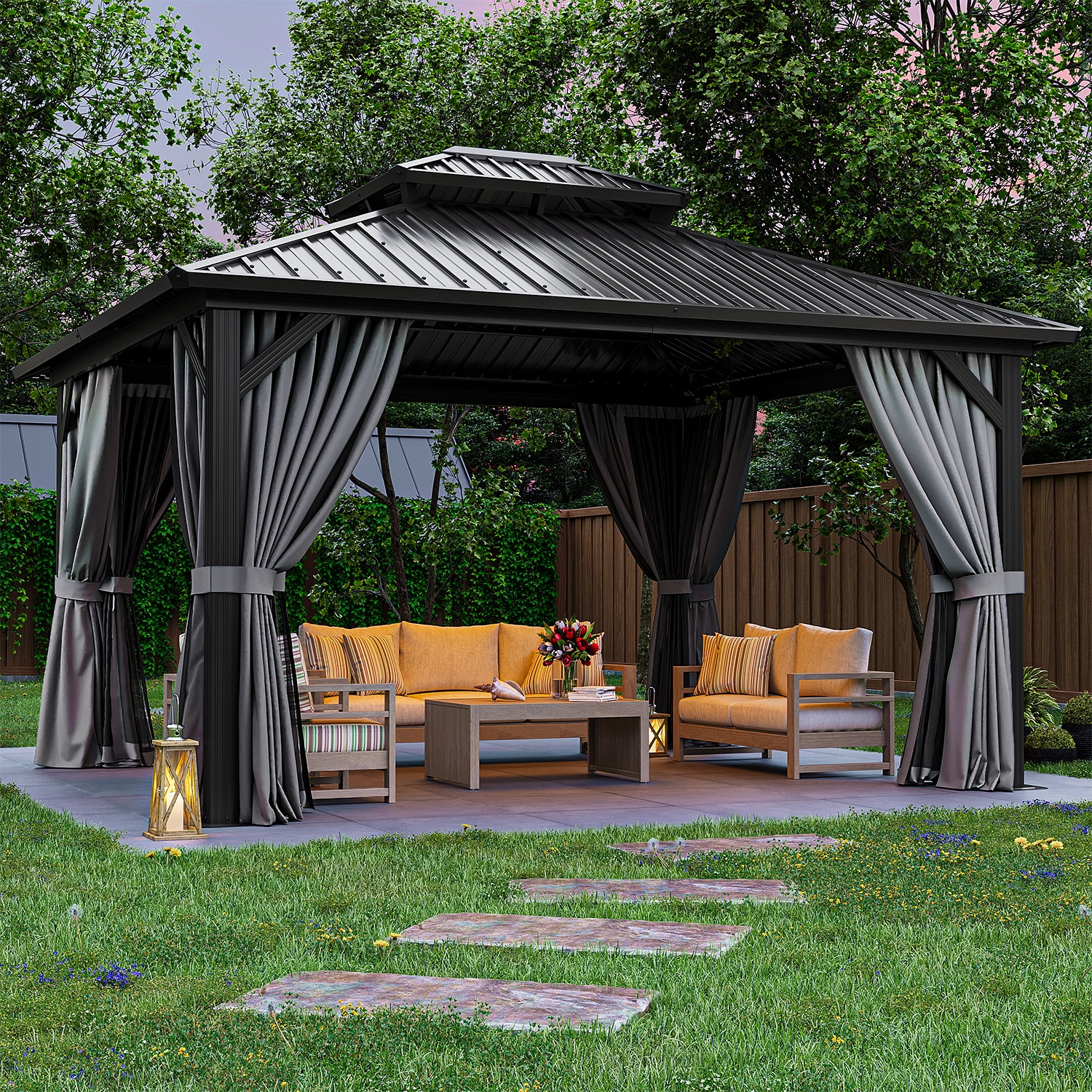 Bapipro BPIG05G53 13.9-ft x 12-ft Gazebos Gray Gazebo with Hardtop Roof (Screen Included)