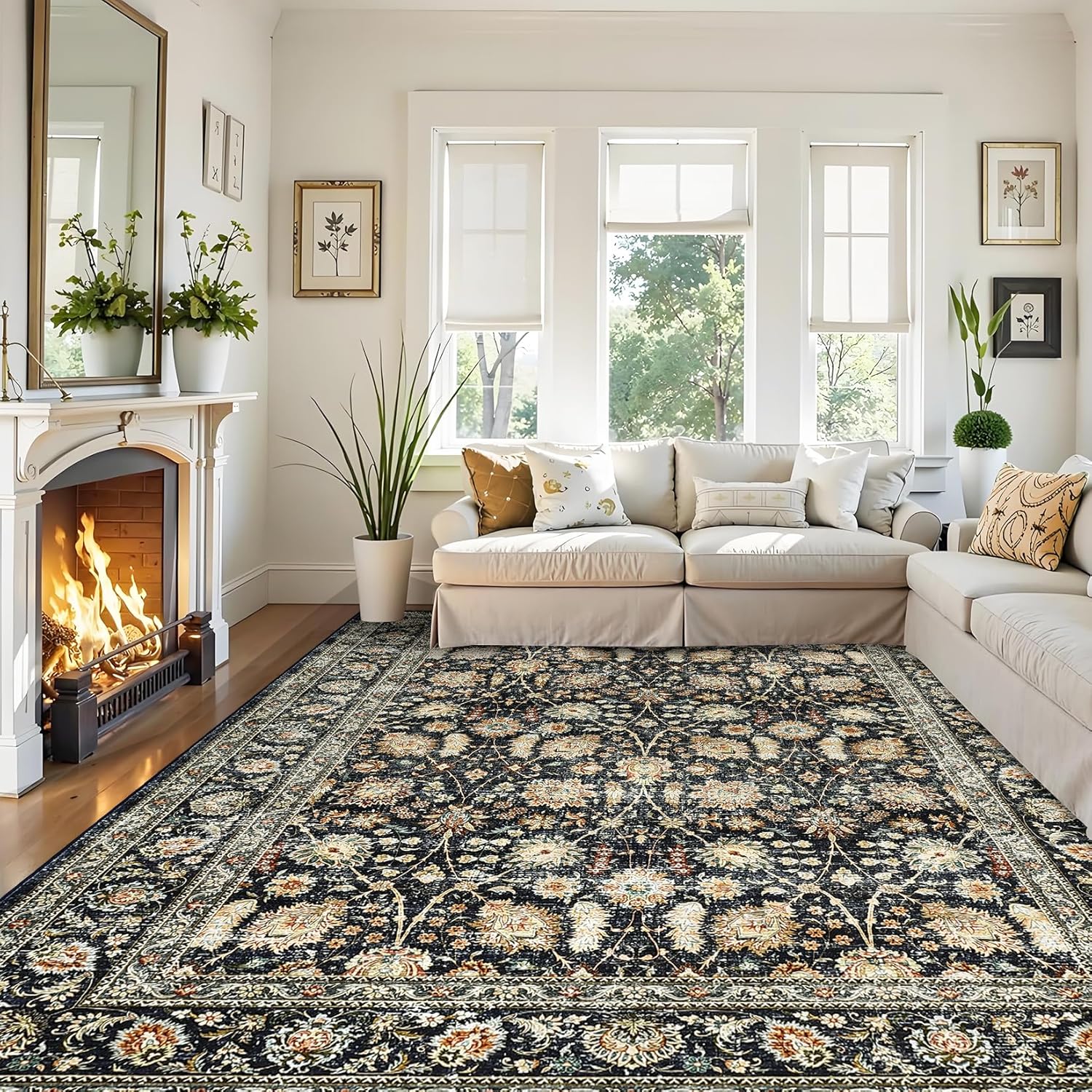 Qeetex - Washable Area Rug Vintage Floral  Pastel Oriental Soft Low-Pile Carpet Stain Resistant N...