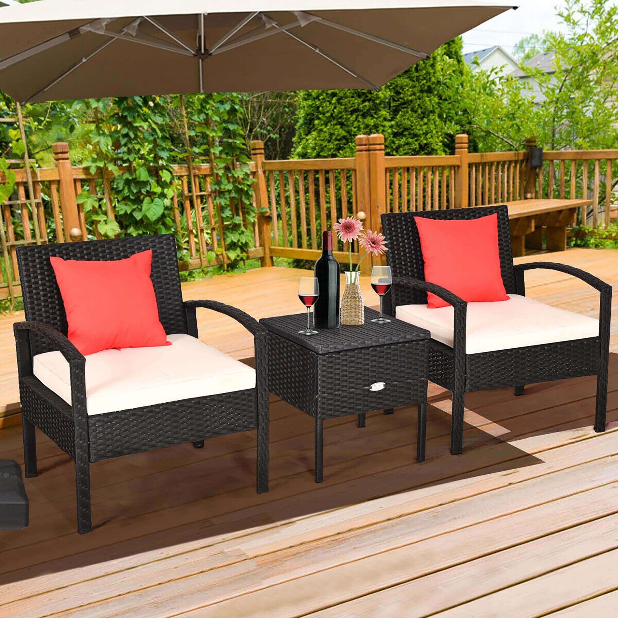 CASAINC 3 Piece Rattan Patio Conversation Set with Black Cushions