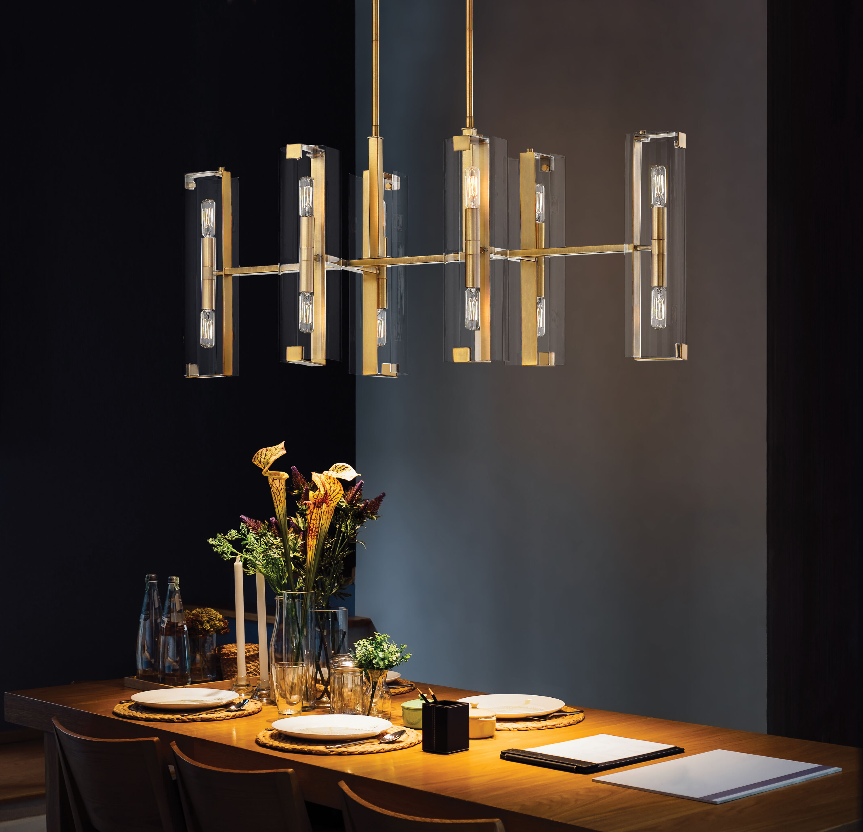 Warm Brass 12-Light Linear Chandelier with Clear Glass Shades