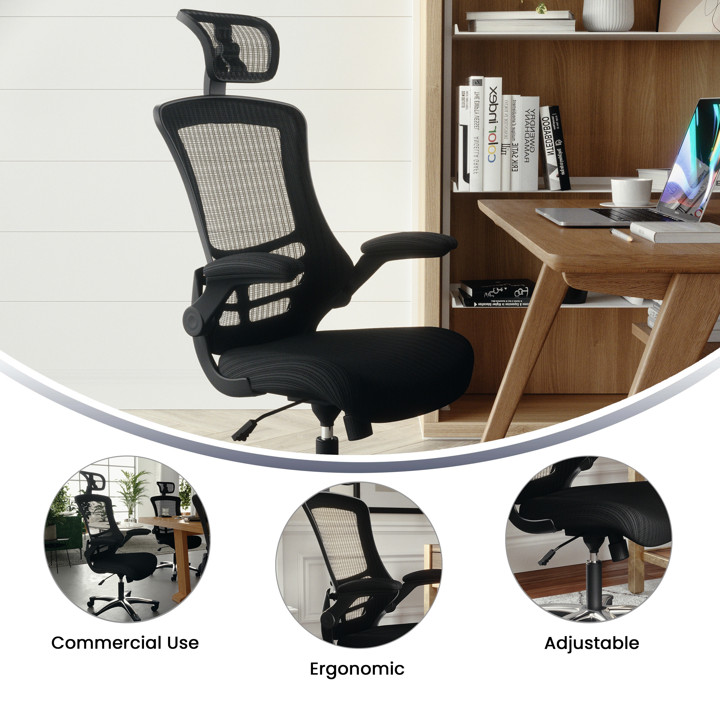 High-Back Black Mesh Swivel Executive Office Chair with Adjustable Arms
