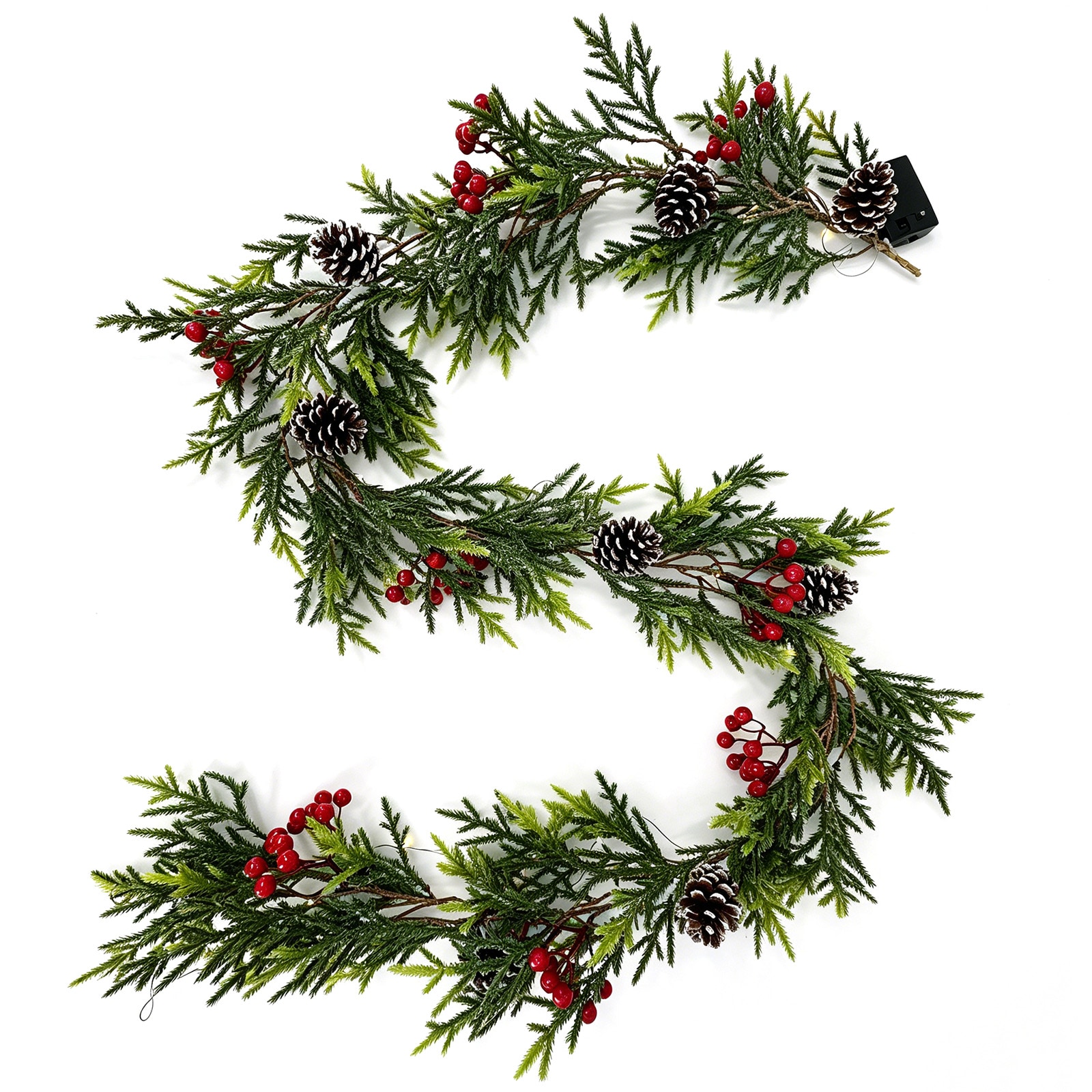 Garvee 6ft Pre-Lit Christmas Garland - Pine Cones Red Berries Timer LED Lights