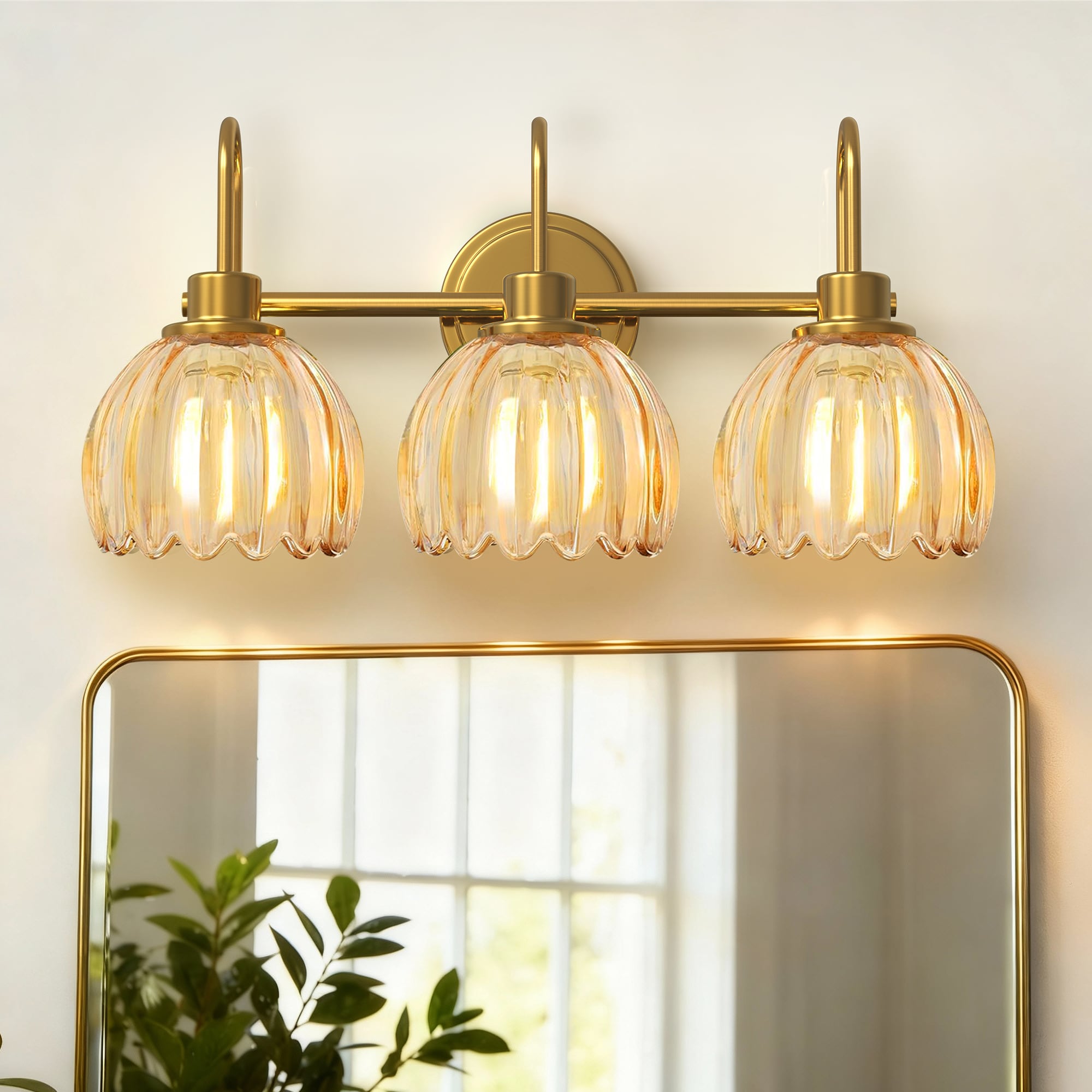 Jandcase 19.41-in 3-Light Brushed Brass Bathroom Vanity Light with E26 Sockets Amber Tulip Glass Modern Transitional for Bathroom Mirror Powder Room