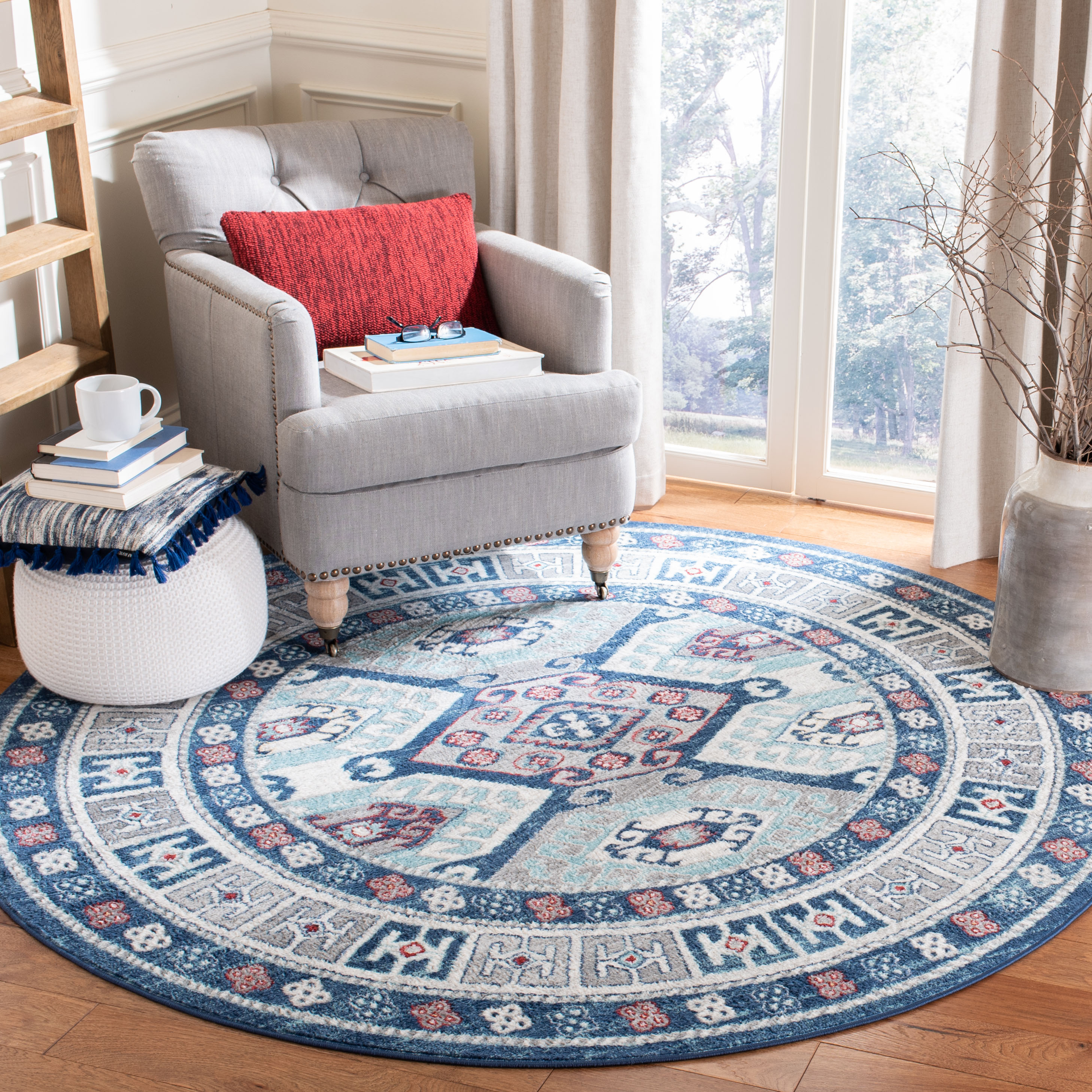 Safavieh Kazak Blue/Gray Traditional 6ft-7in x 6ft-7in Round Rug in the ...