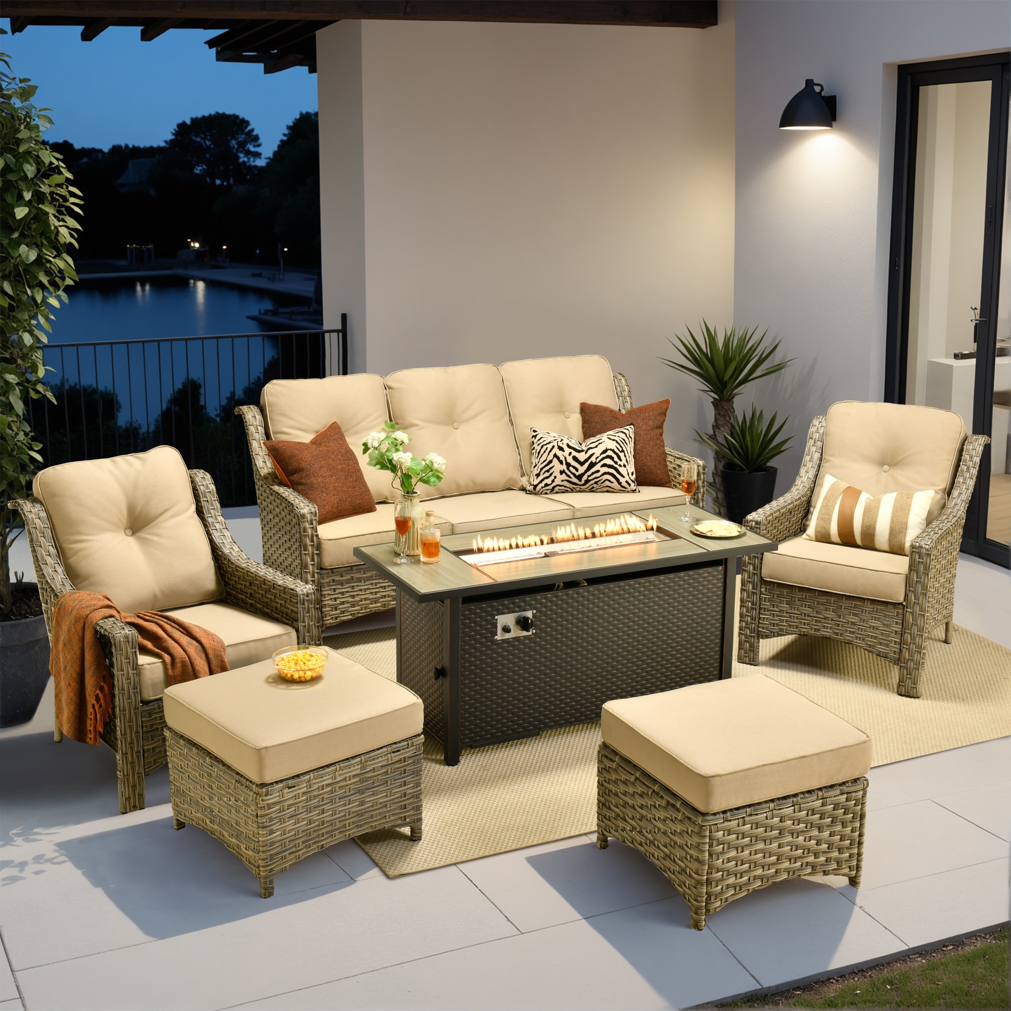 weaxty HMBCFP8503-PAD606 Aireno 6 -Piece Wicker Patio Sofa Conversation Set with Off-white Cushions