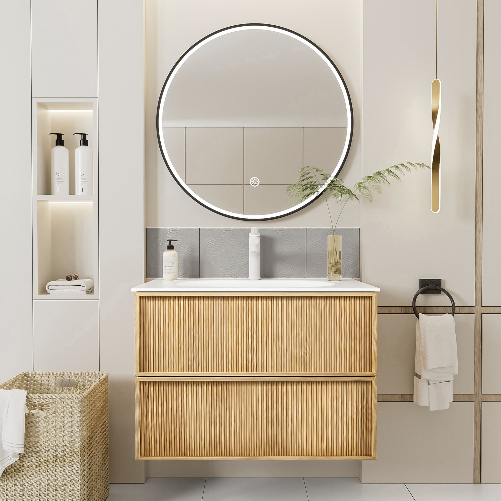 Miuara -  32 Inch Floating Bathroom Vanity with Sink Pre-assembled Natural Oak Fluted Front Multi...