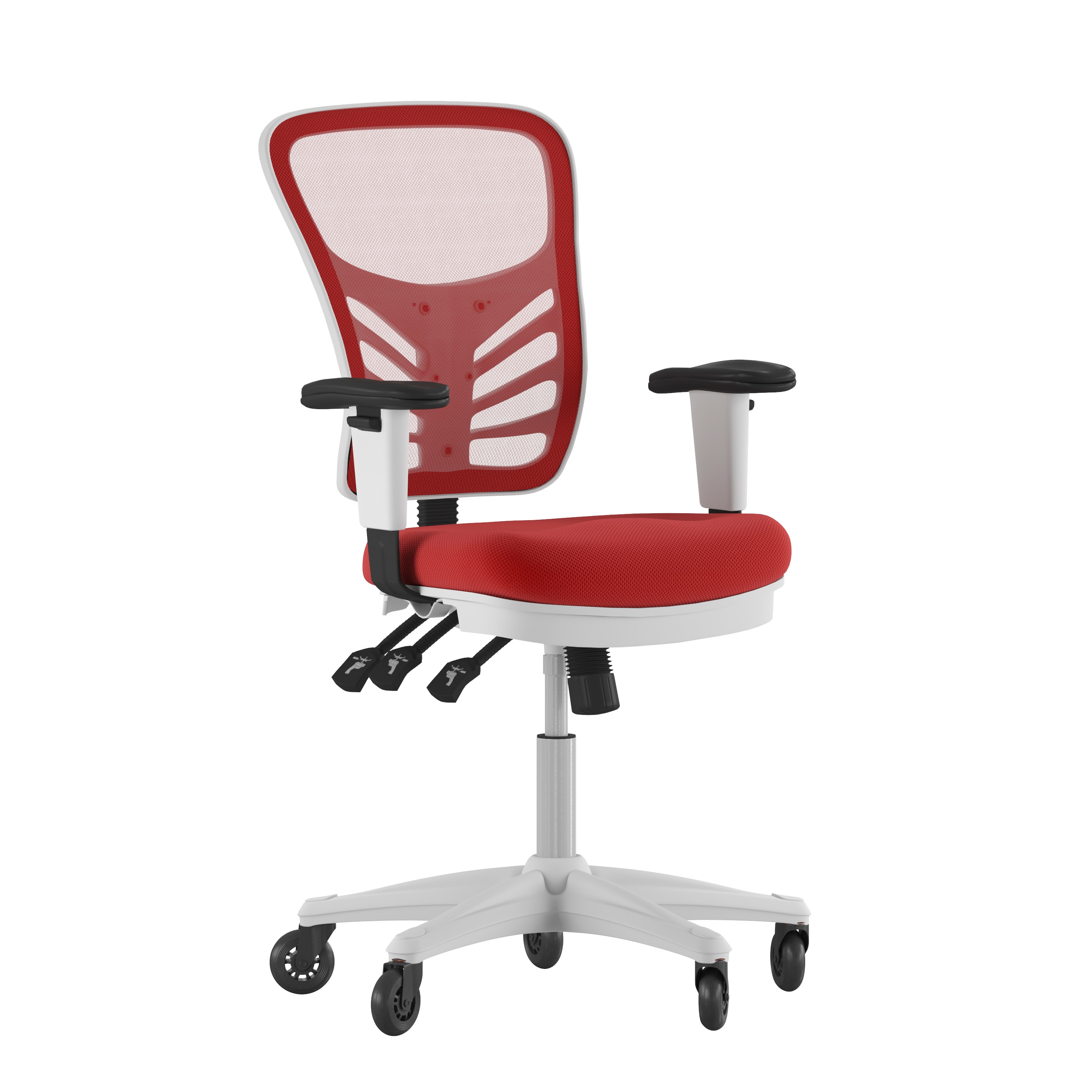 Flash Furniture 840196381954 Nicholas Mid-Back Red Mesh Multifunction Executive Ergonomic Office Chair with Adjustable Arms; Transparent Roller Wheels; and White Frame