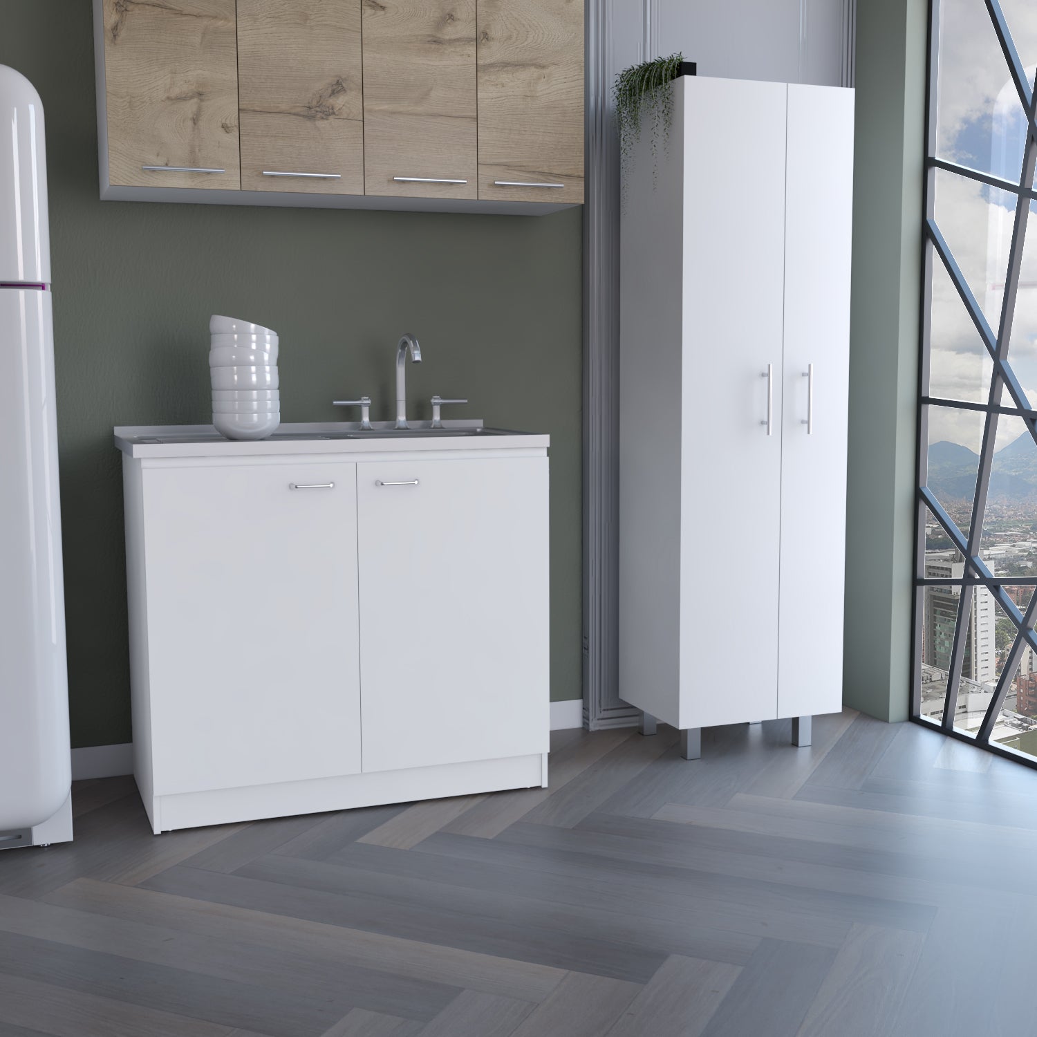 LOVMOR  20.1-in x 15.5-in White Utility Sink with Cabinet with Stainless Steel Countertop with Handles with 2 Doors