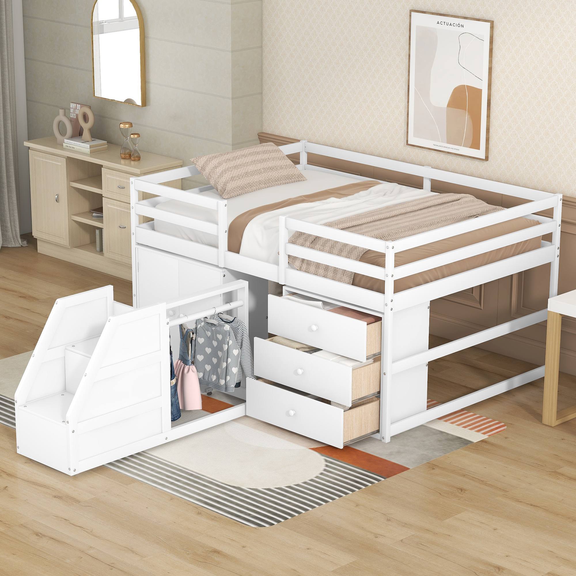 White low loft bed hotsell with storage