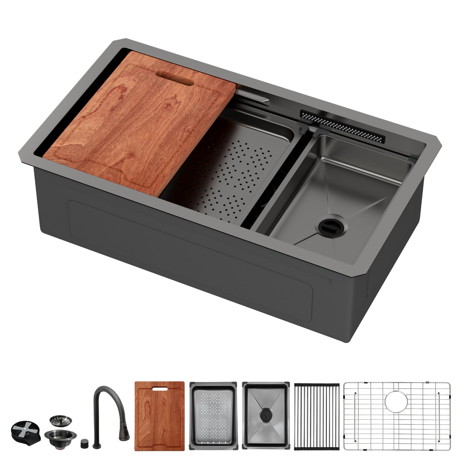 Lordear LD-36TGS Undermount 33-in x 16.72-in Stainless steel Single bowl 16 -Gauge Workstation Kitchen Sink All-in-One Kit