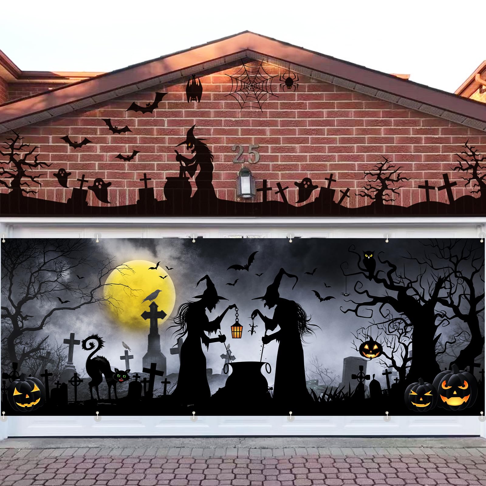 Linder Group Inc - Extra Large Halloween Garage Door Cover 6 x 17 Ft Scary Witches Pumpkins Bats ...