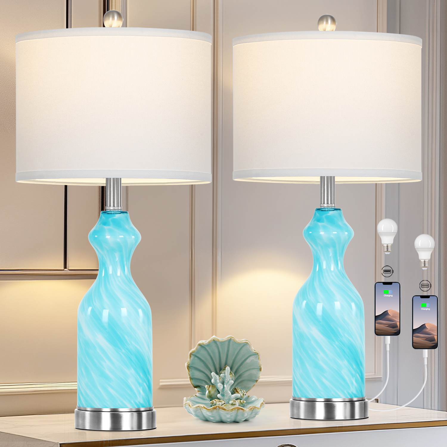UrFurnishings TD-389 Modern 26-in Nickel LED Incandescent Rotary socket Table Lamp with Linen Shade