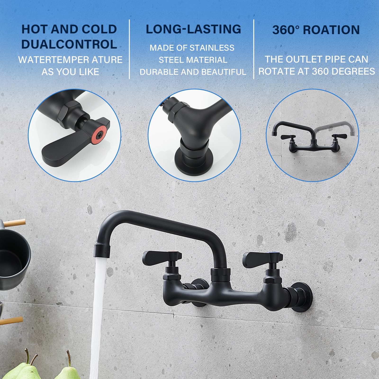 Matte Black Wall-Mount Dual Handle Kitchen Faucet