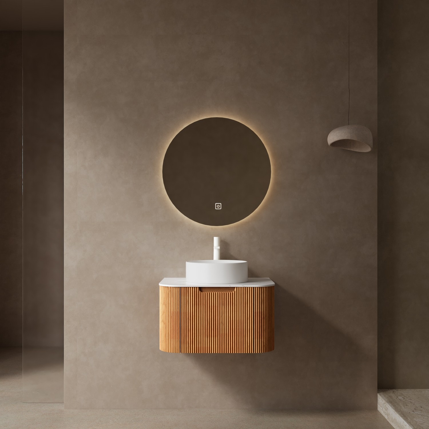 Tahanbath 24inch Bathroom Vanity with Sink Wall Mounted Floating Curved Edges Striped Cabinet White Round Ceramic Basin without Faucet a Drawer Natural Woodgrain Pre assembled
