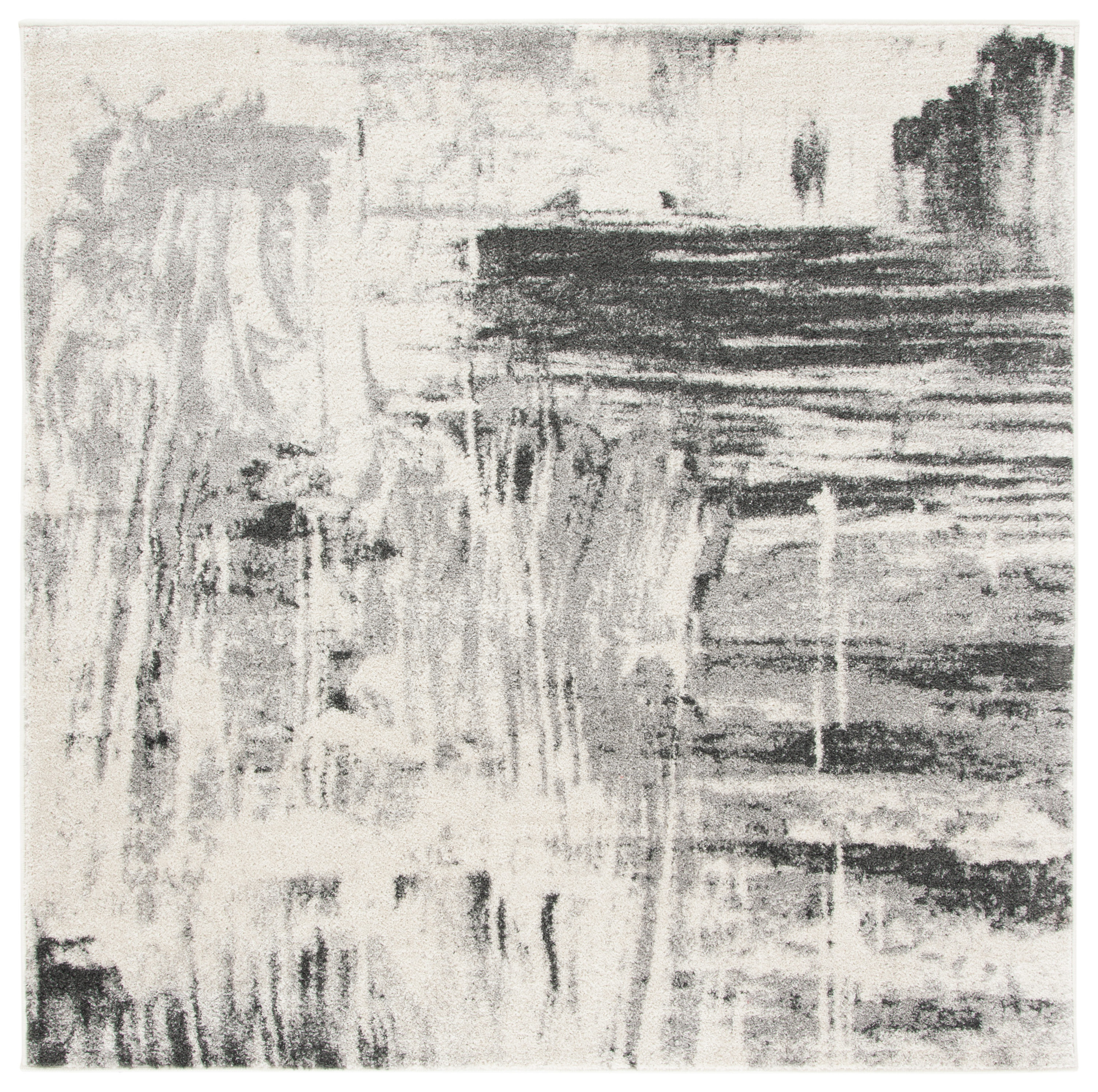 6' Square Gray and Ivory Abstract Synthetic Area Rug