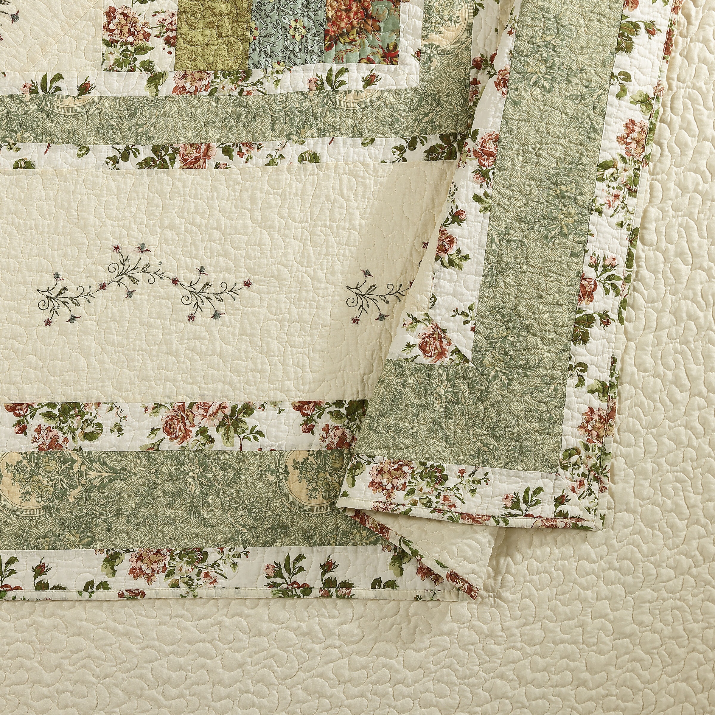 Olivia Green Floral Cotton Full Quilt Set