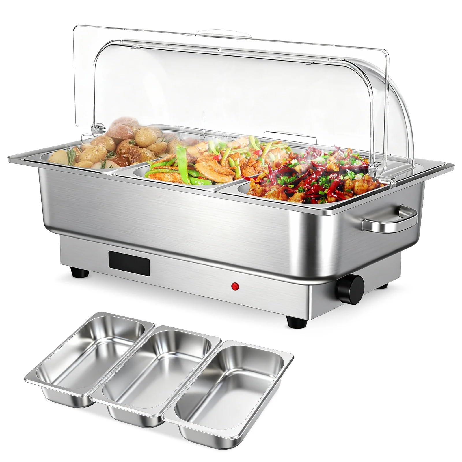 GarveeLife LSLX0416CL06 Stainless Steel Electric Chafing Dish Buffet Set 9QT with Temperature Control Roll Top Buffet Servers and Warmers