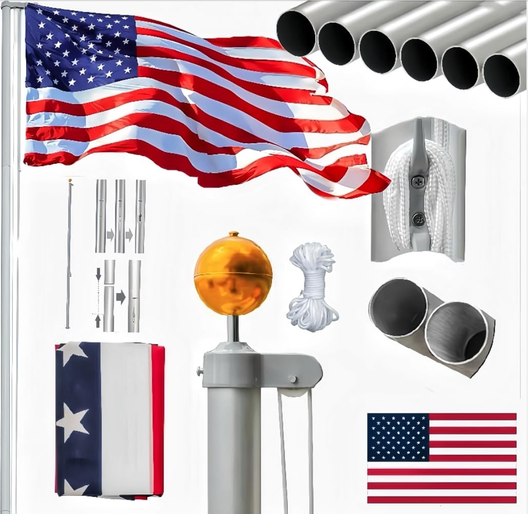 Justincity -  20FT Sectional Aluminum Flagpole Kit with 3x5 FT American Flag Golden Ball Topper A...