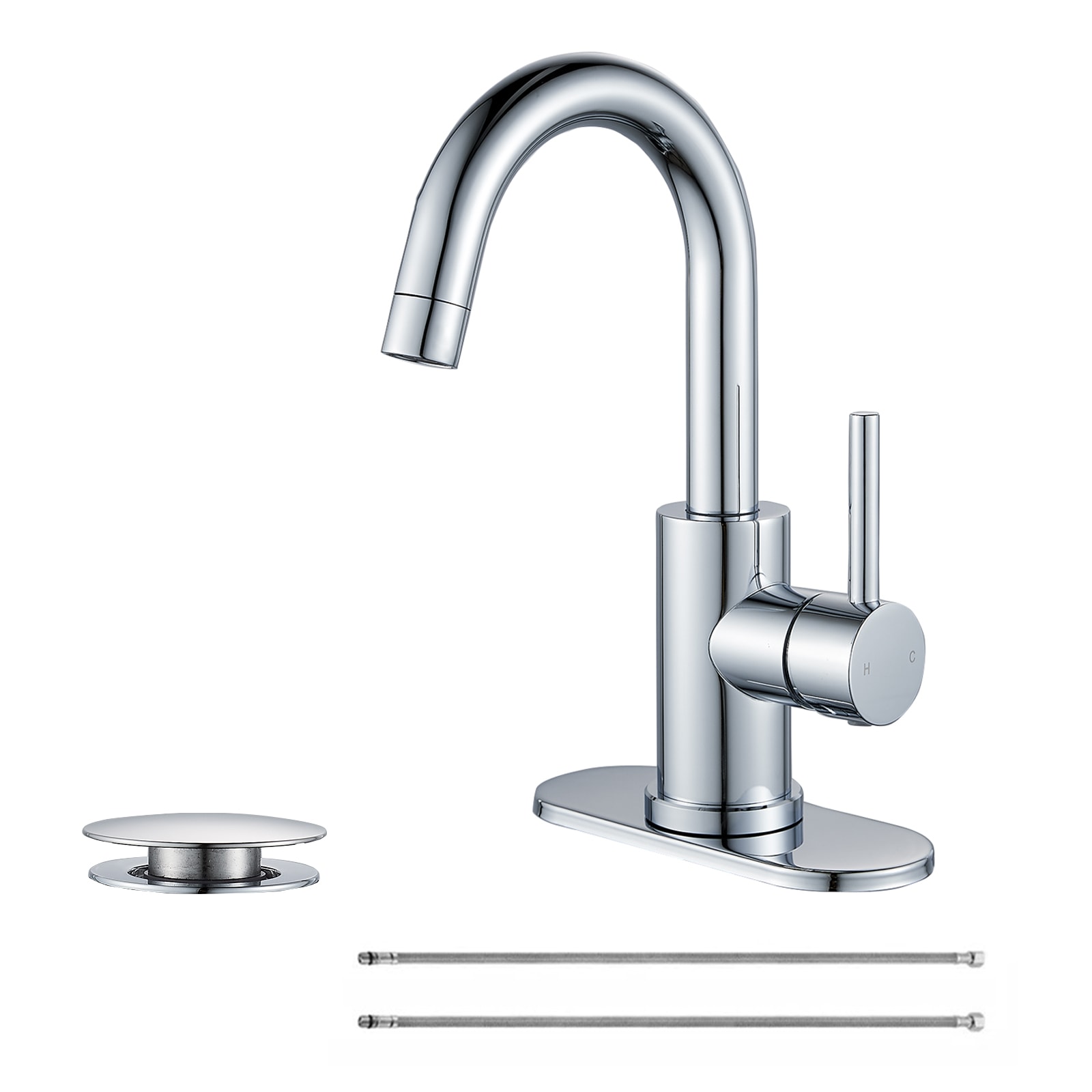BYH SH-1003-PC Polished Chrome Single hole 1-handle Mid-arc Commercial/Residential Handle Bathroom Sink Faucet with Drain with Deck Plate