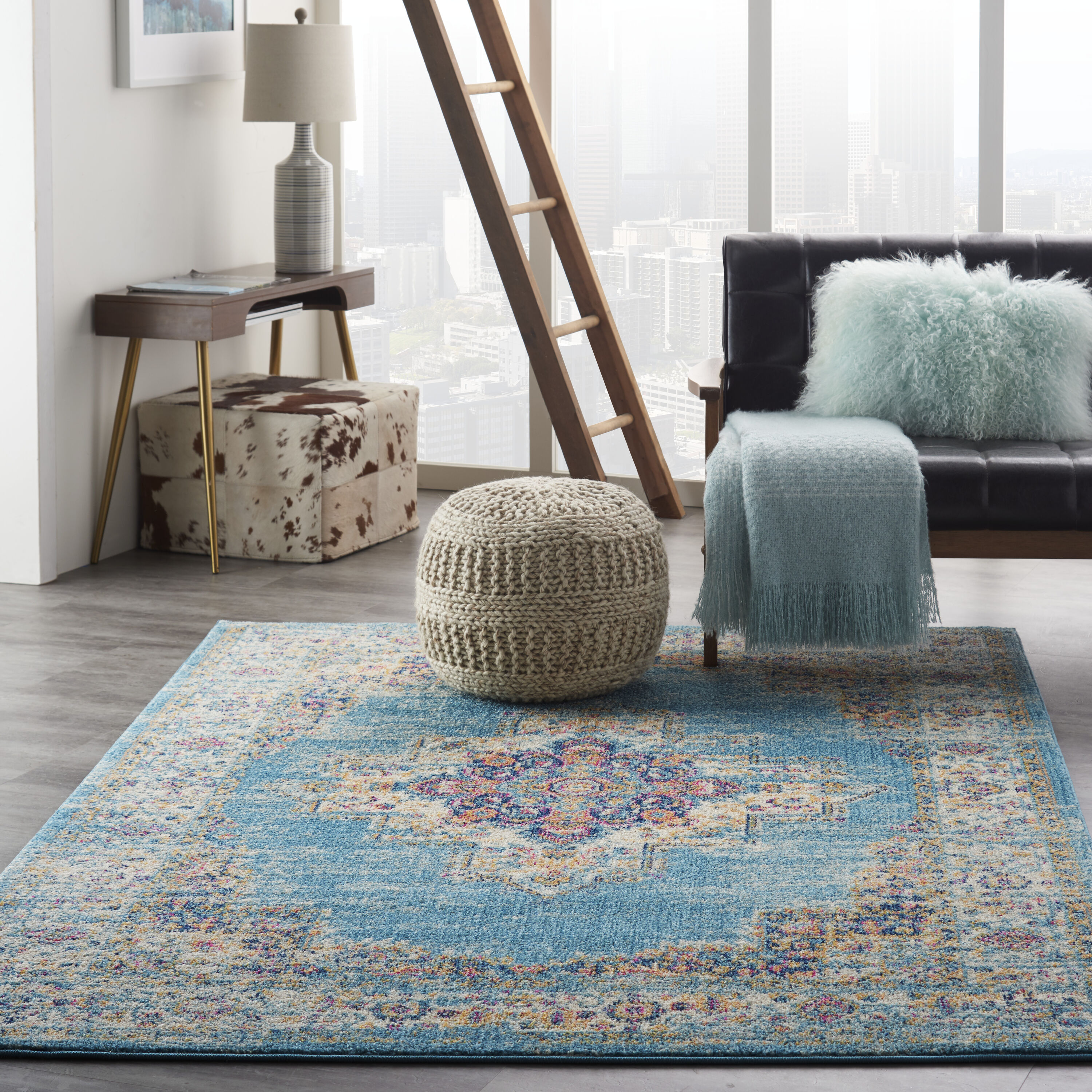 Nourison 99446477217 Passion 5 x 7 (ft) Loomed Polypropylene Light blue Rectangular Indoor Abstract Vintage Area rug