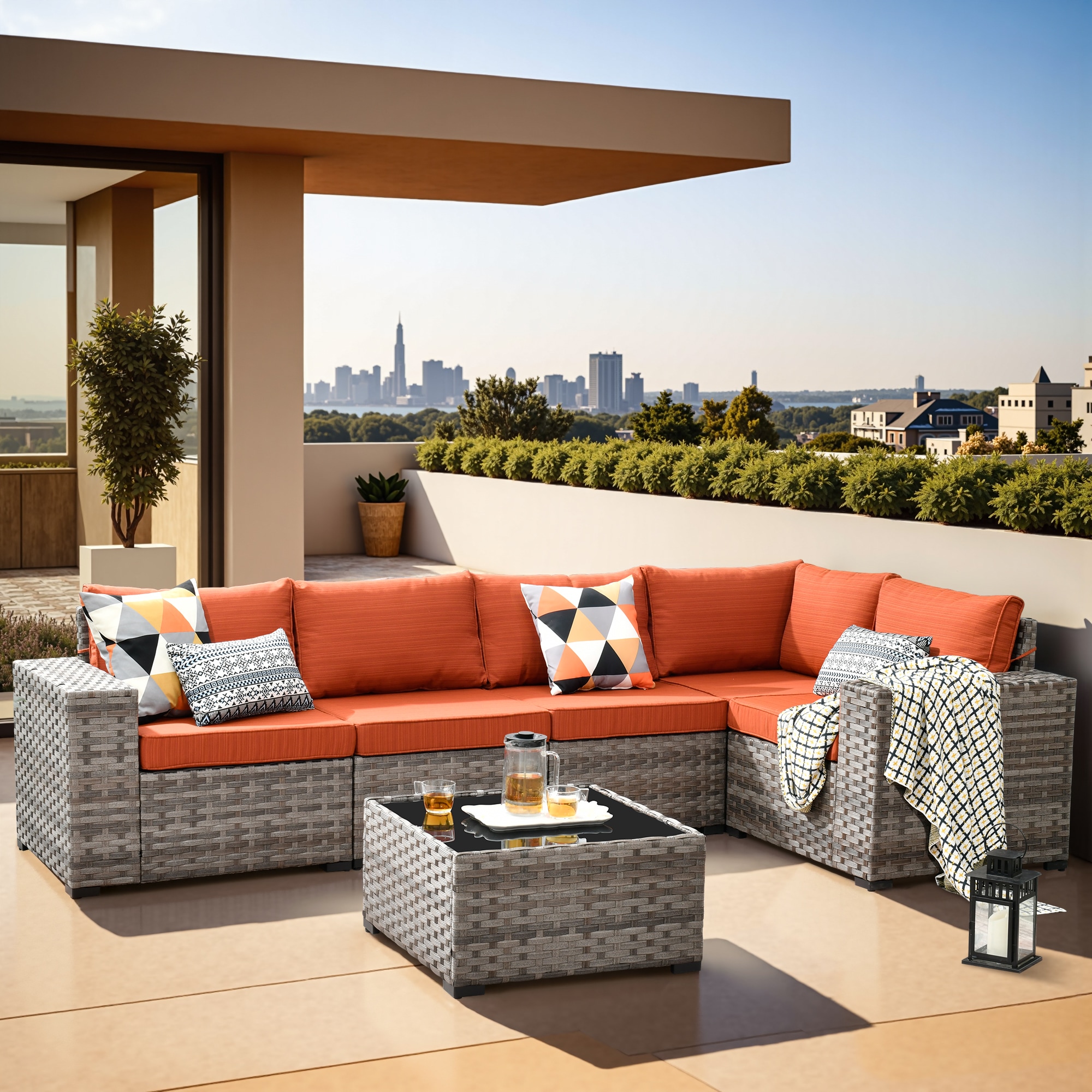 Ovios KFS800 Shine Rattan Outdoor Sectional with Orange Cushions and Rattan Frame
