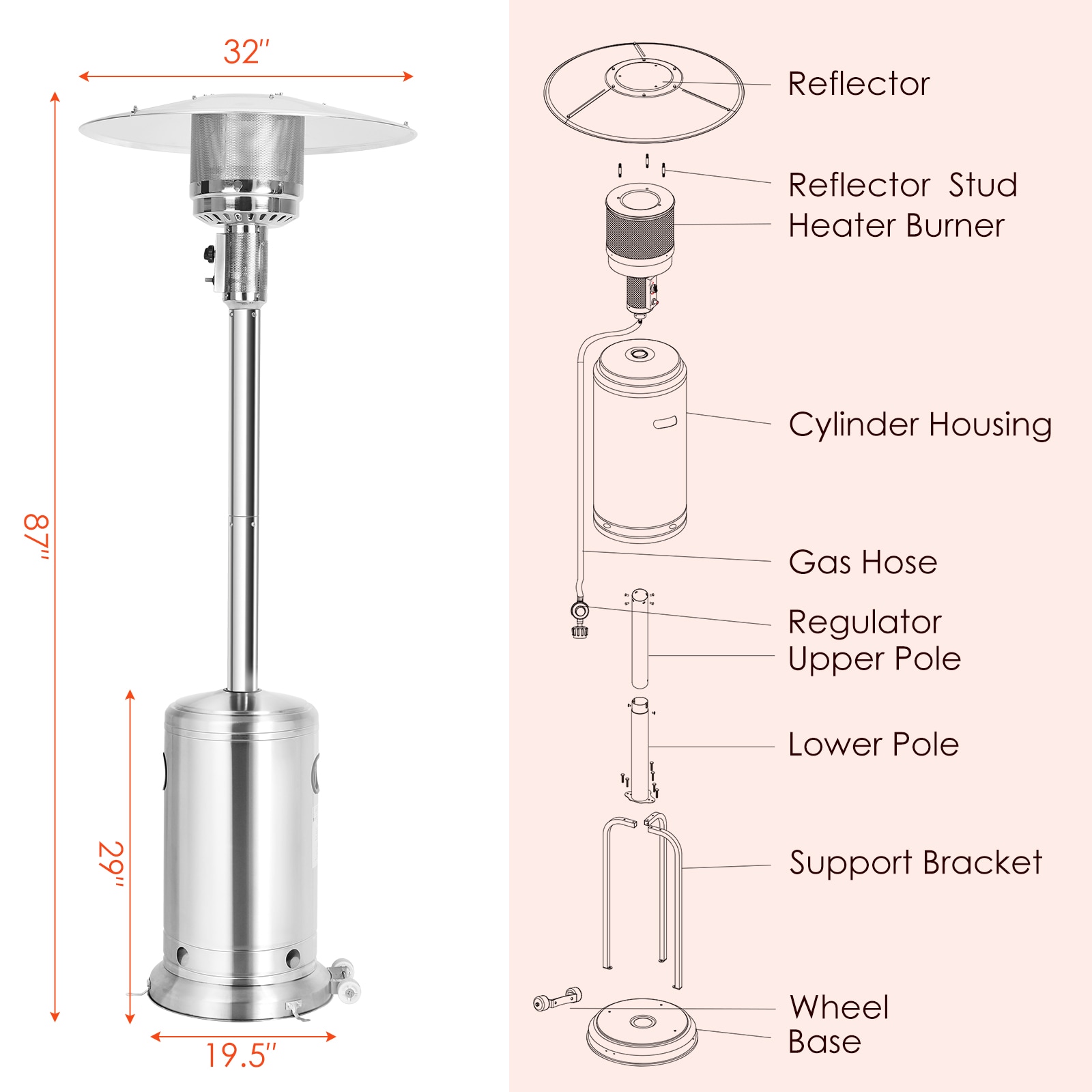 Costway 47476 BTU Propane Patio Heater Standing Steel with Wheels ...