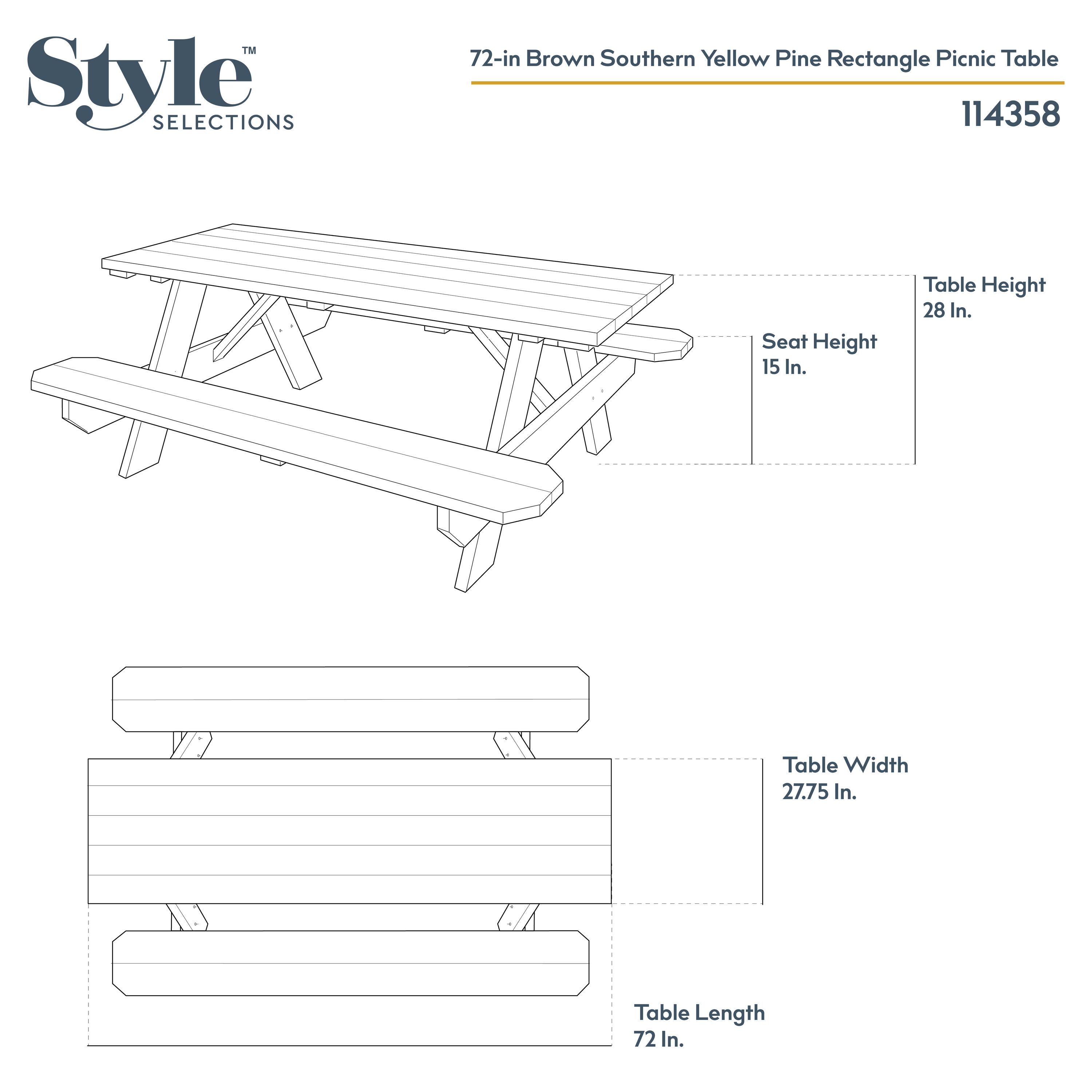 Style Selections 72-in Brown Southern Yellow Pine Rectangle Picnic Table