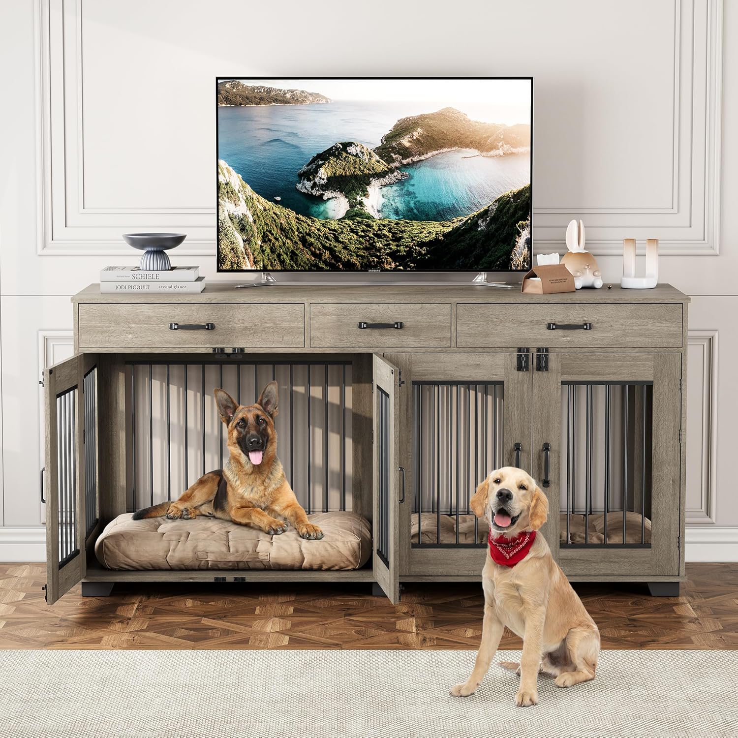 家具 w.corgi2pt.poodle7 Garvee 71Inch Indoor Pet Crate Furniture for 2 Dogs with 3 Storage