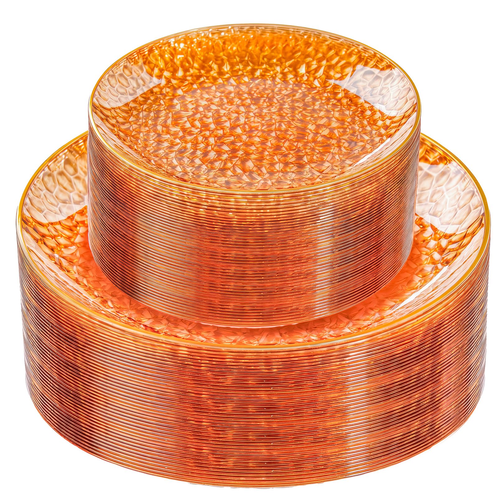 Aoibox  60 Piece Orange Disposable Plates with Gold Rim 30 Dinner 30 Dessert Hammered Plastic Party Plates