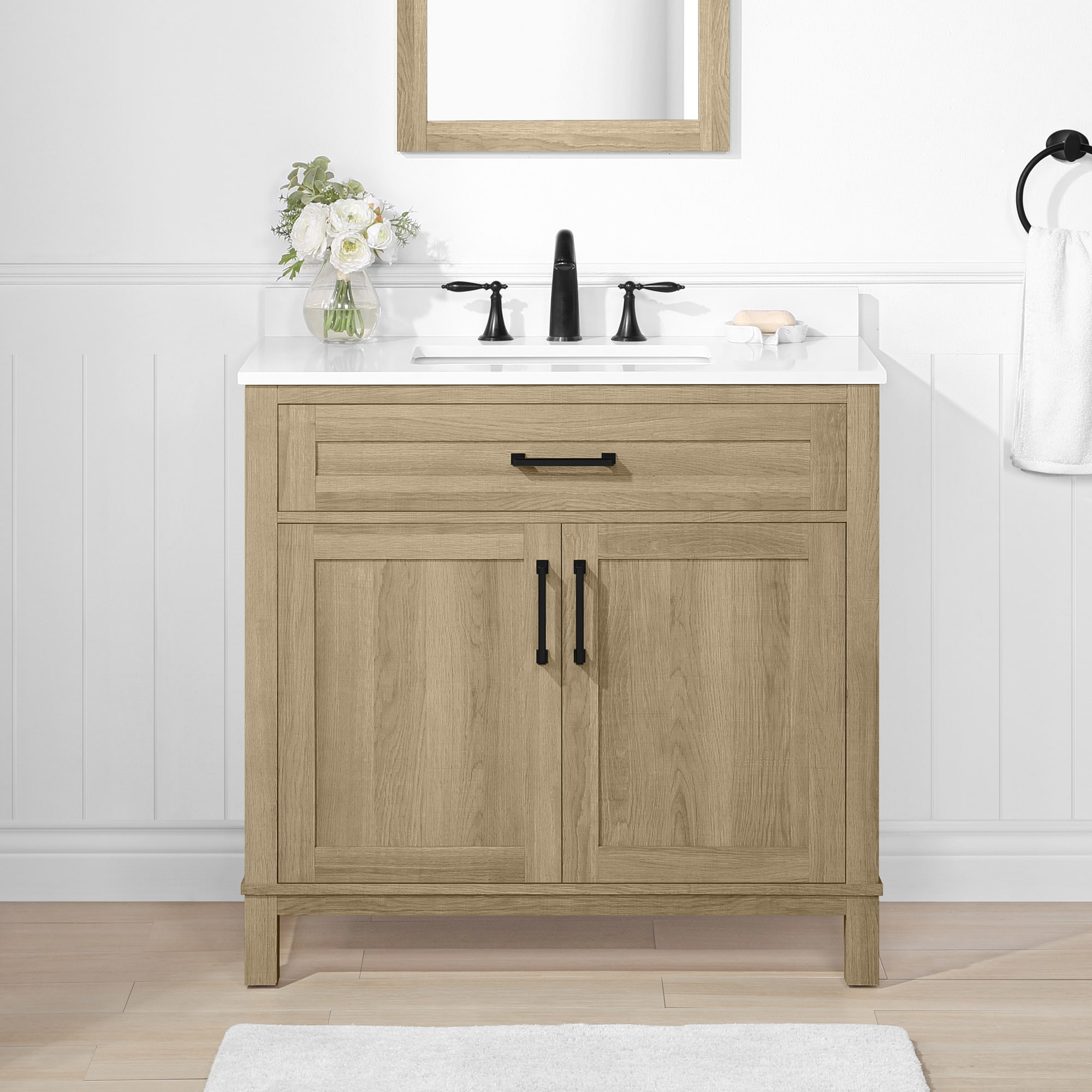 style selections burke 36-in natural oak undermount single sink bathroom vanity with white engineered stone top