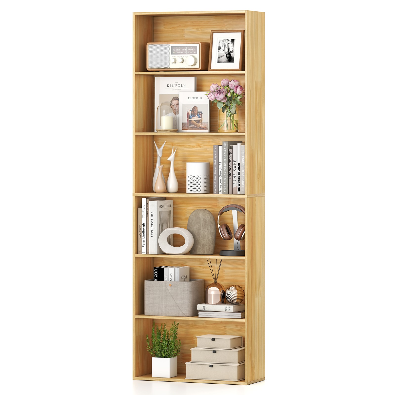 Volenca - 6-Tier 70-in Tall Engineered Wood Bookcase with 6 Open Shelves and 200-lb Capacity