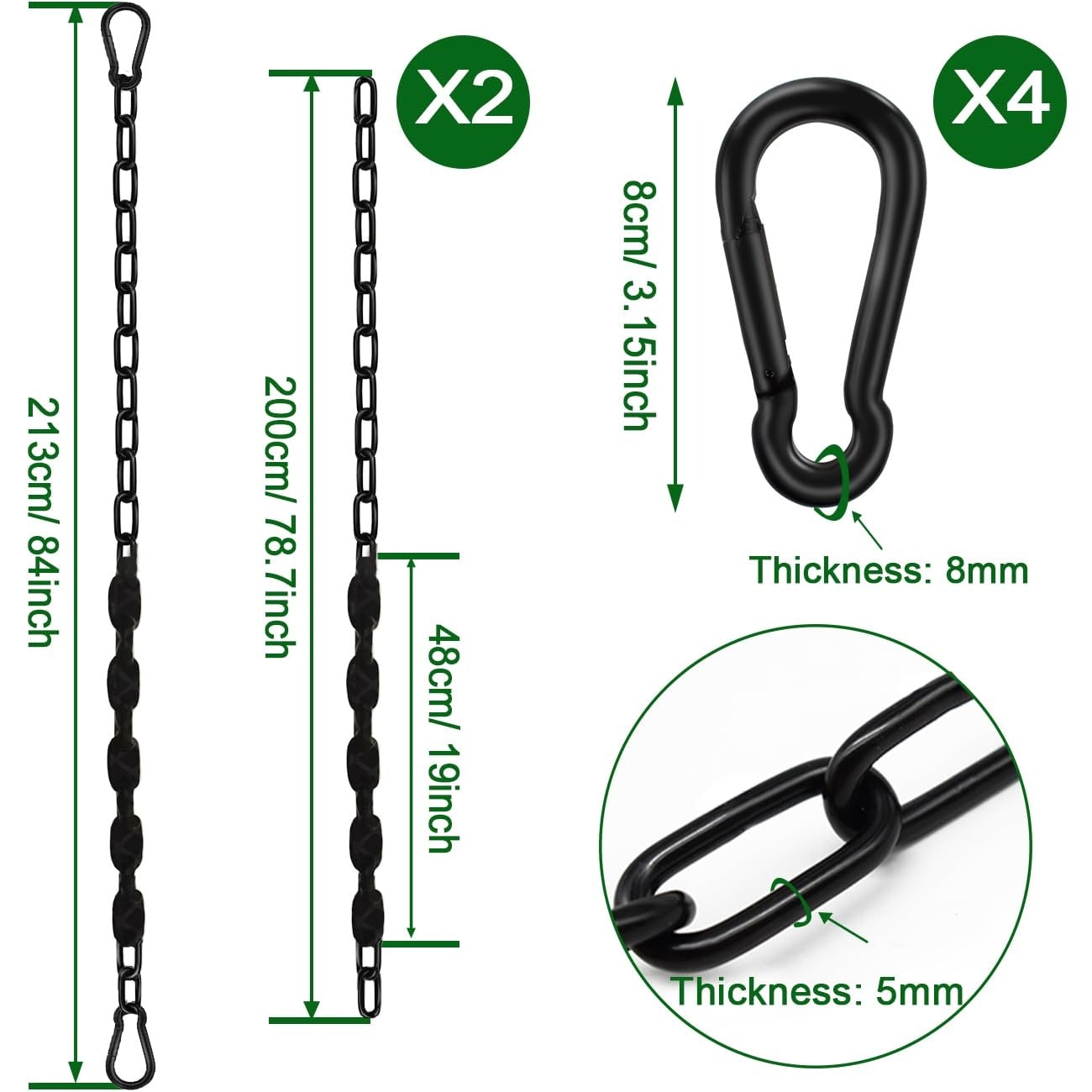 Etokfoks  2 pack black stainless steel hanging swing chain kit 84 in length 660lb capacity with PE sleeve and four carabiners