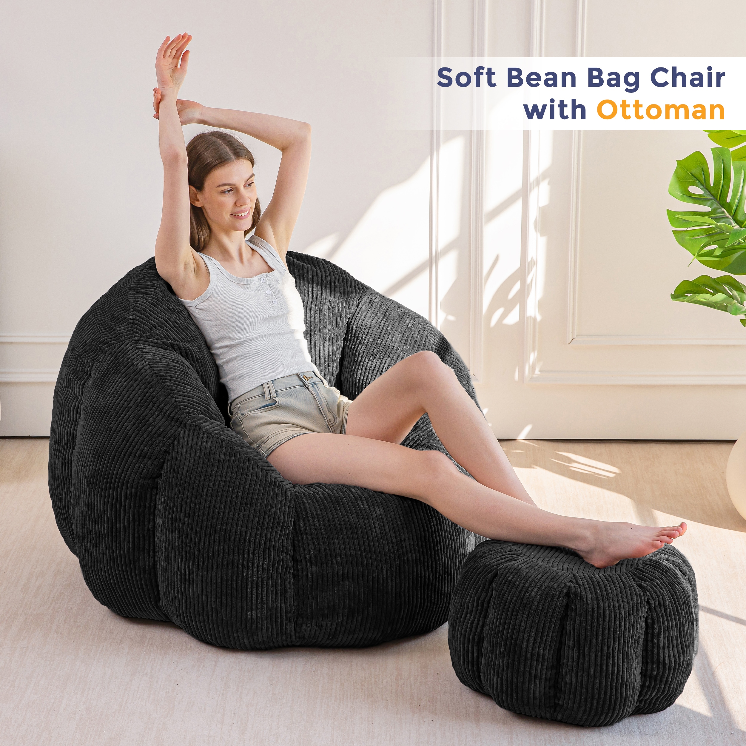 MAXYOYO Giant Black Corduroy Bean Bag Chair with Ottoman Pumpkin