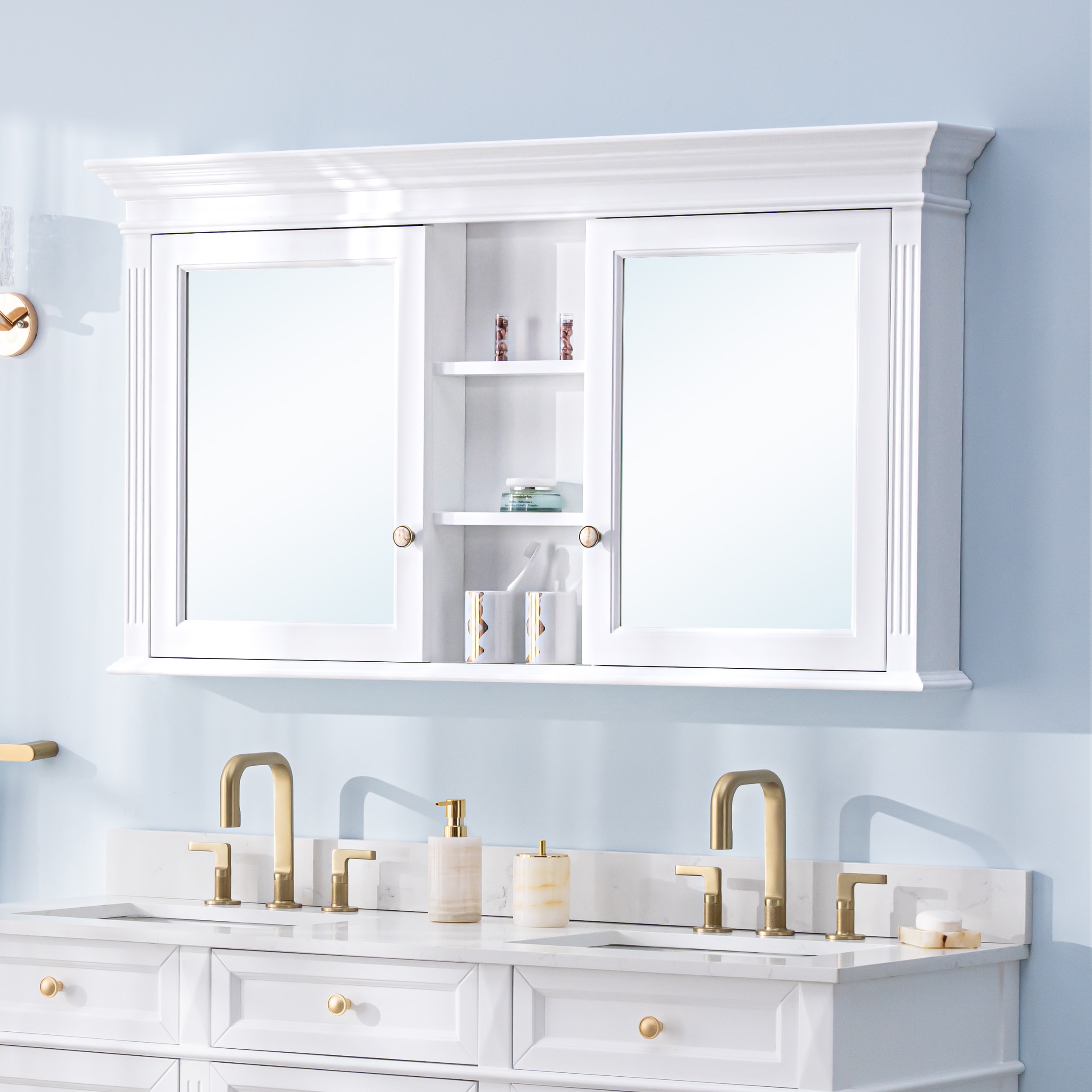 WELLFOR GRACE Solid Wood 55-in x 30-in Surface Mount White Mirrored Soft Close Medicine Cabinet