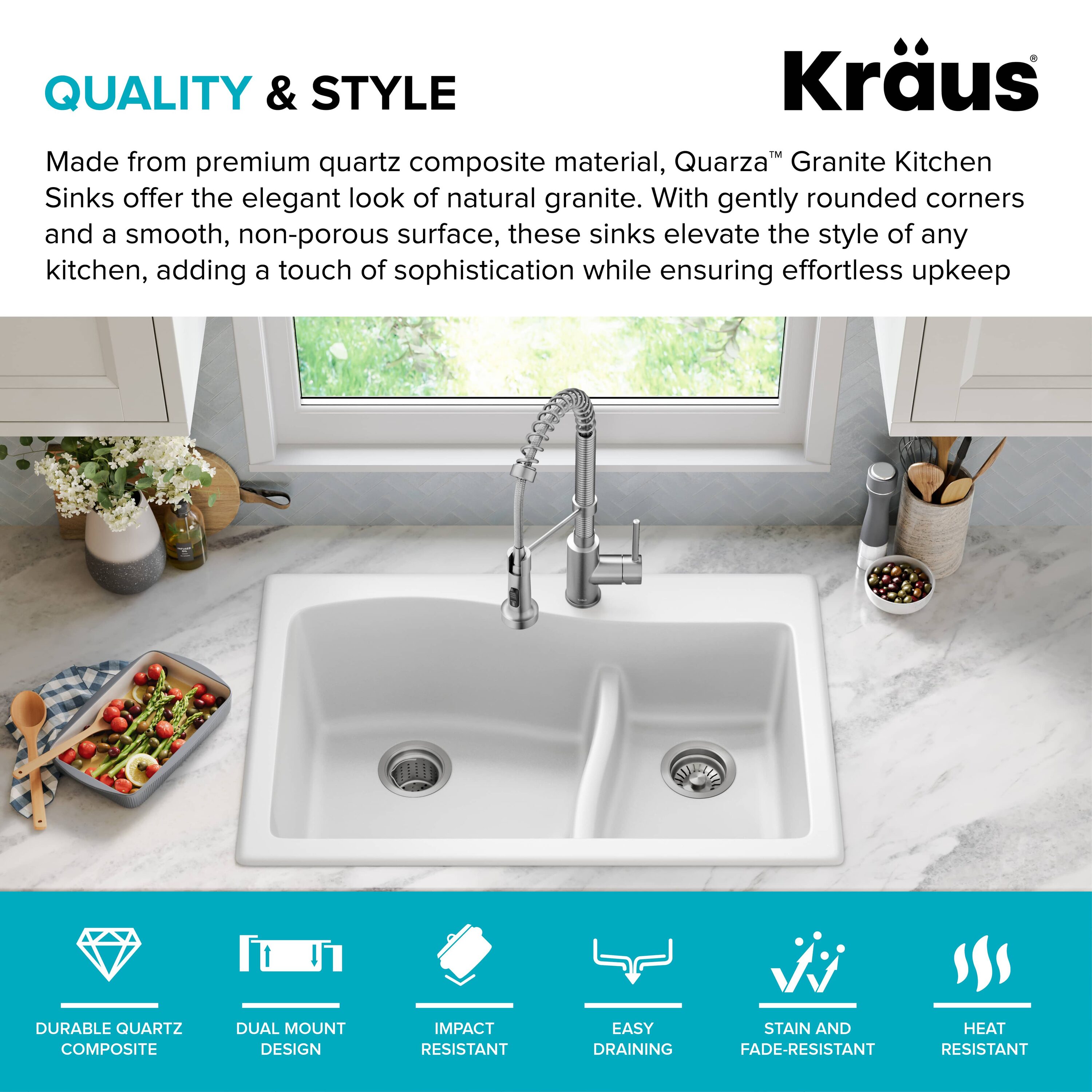 White Granite 33" Dual Bowl Drop-In Kitchen Sink