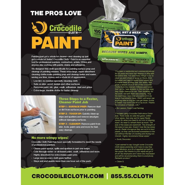 Crocodile Cloth Paint Wipes - 100 Pack  Pre-Moistened Huge Cloths for Easy  Paint Removal & Surface Prep in the Paint Cleanup department at