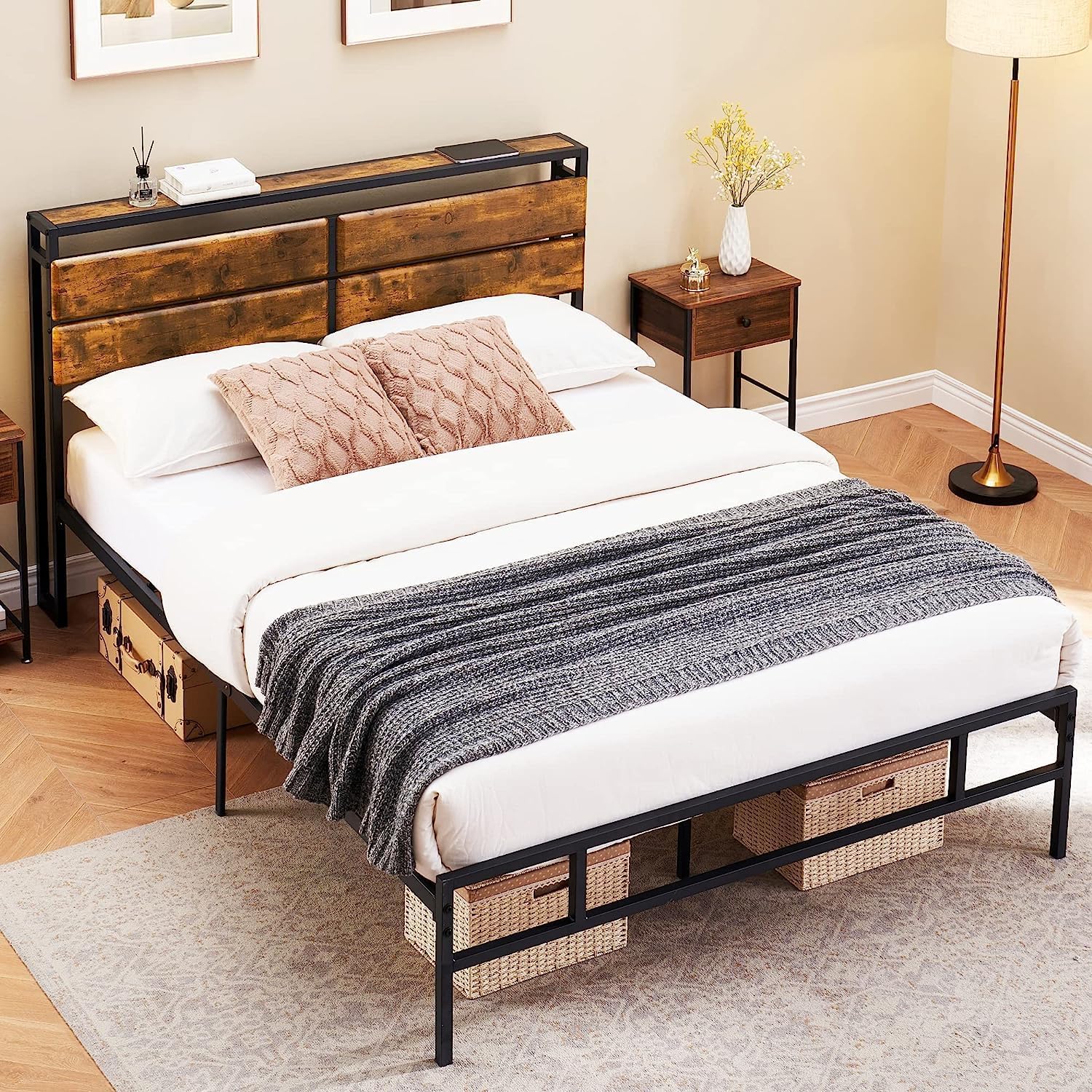 Qeetex LHF-BED-PHO-0XEATK1L Full Bed Frame Metal Platform Bed Frame with Storage headboard Rustic Vintage Wood Headboard Mattress Foundation No Box Spring Needed Noise Free