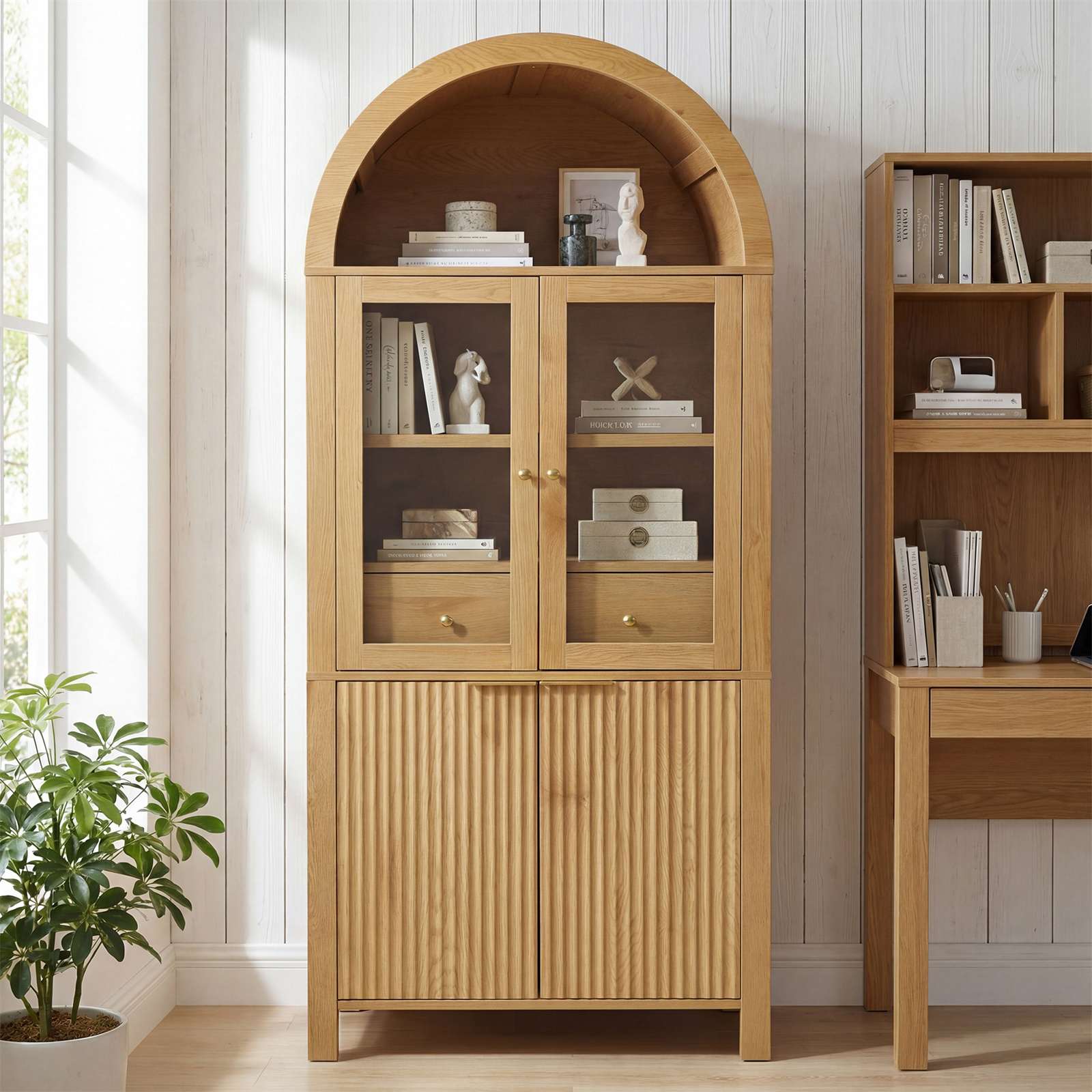 CIPACHO  71 Inch Fluted Tall Arched Pantry Cabinet with Adjustable Shelves Hidden Drawer Glass Door for Kitchen Living Room Dining Room Oak