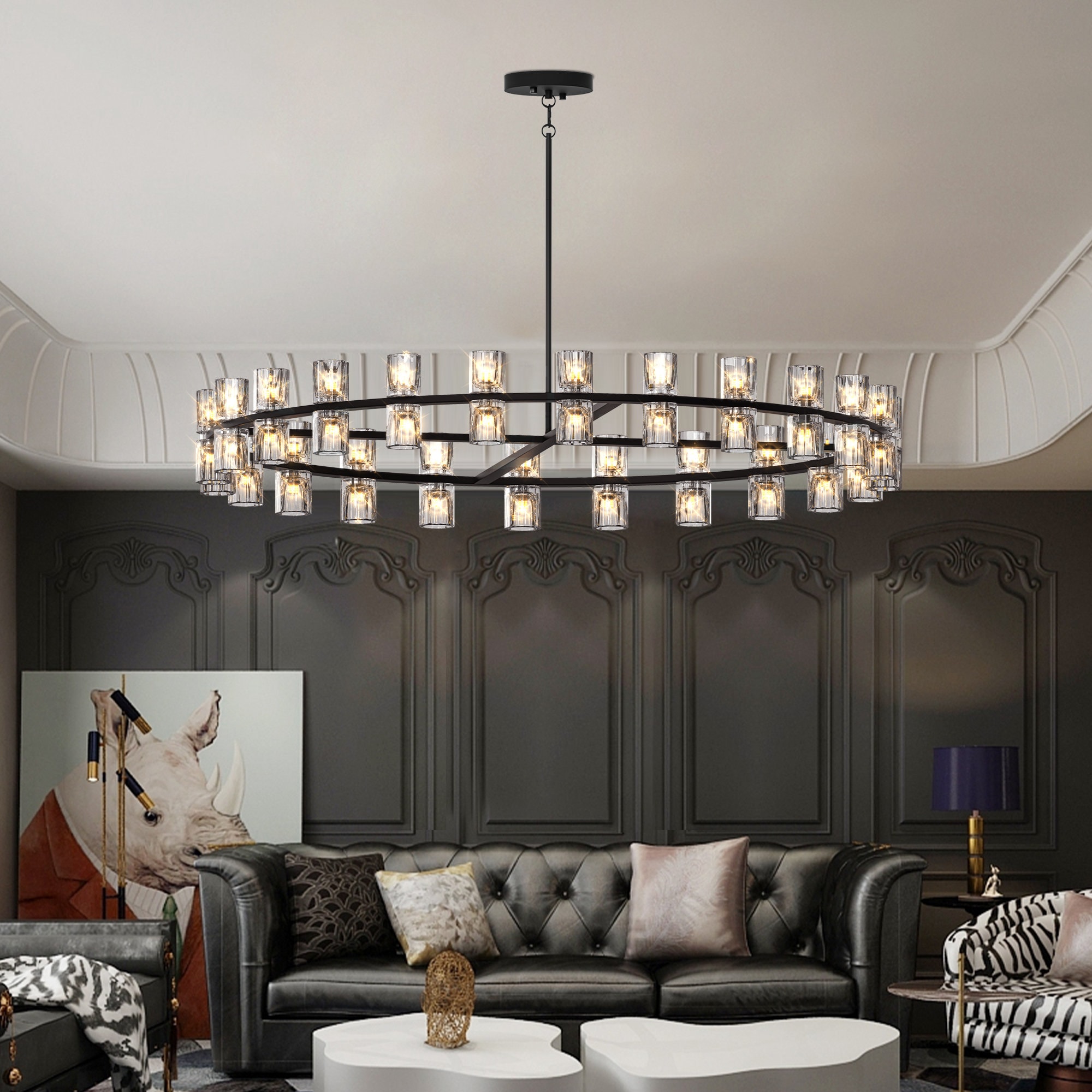Oyezvary  48 Inch Black Crystal Chandelier Modern Double Ring LED Ceiling Light 144W 2700K for Living Room Dining Room Decorative Home Lighting
