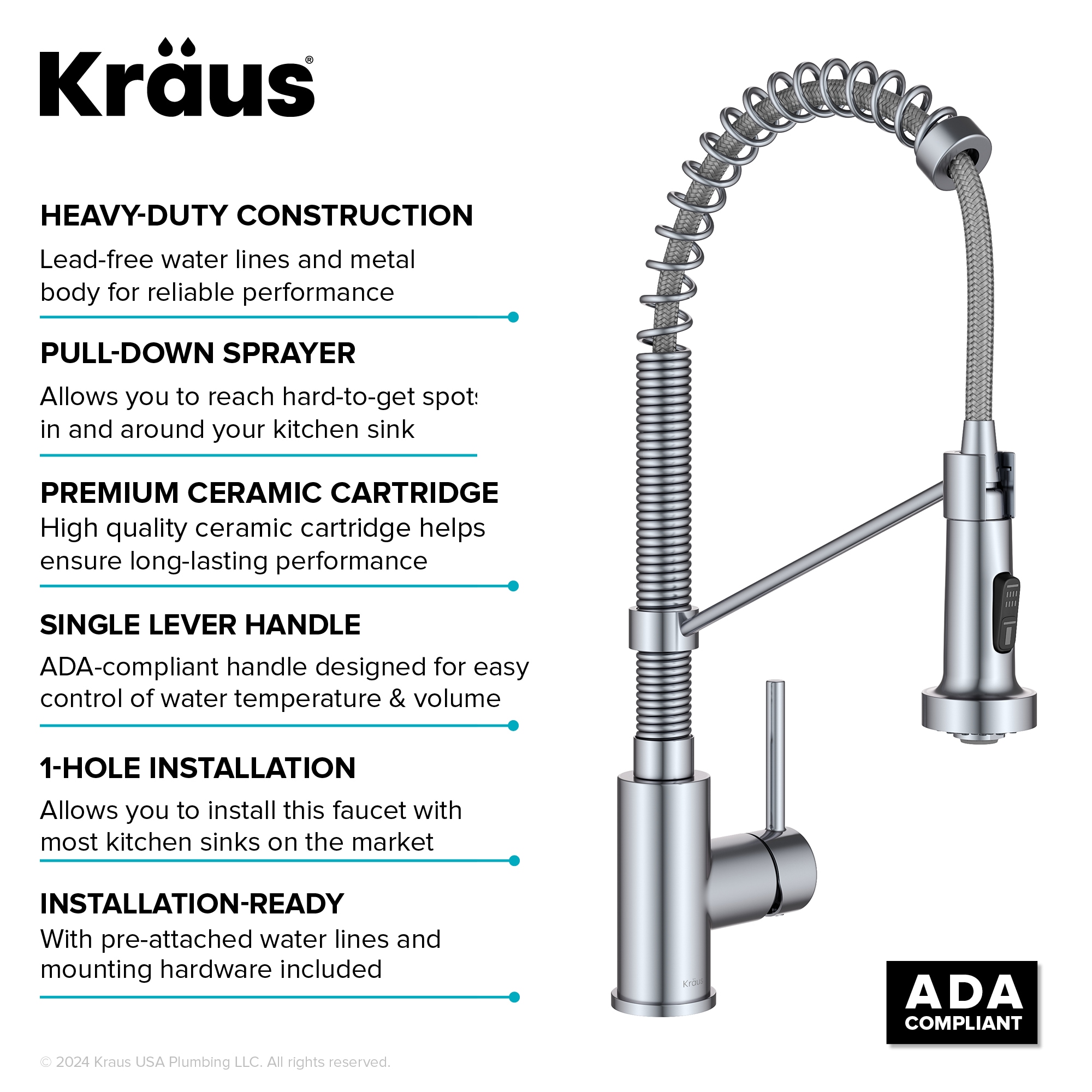 Chrome Commercial Style Pull-Down Kitchen Faucet with Pull-out Spray