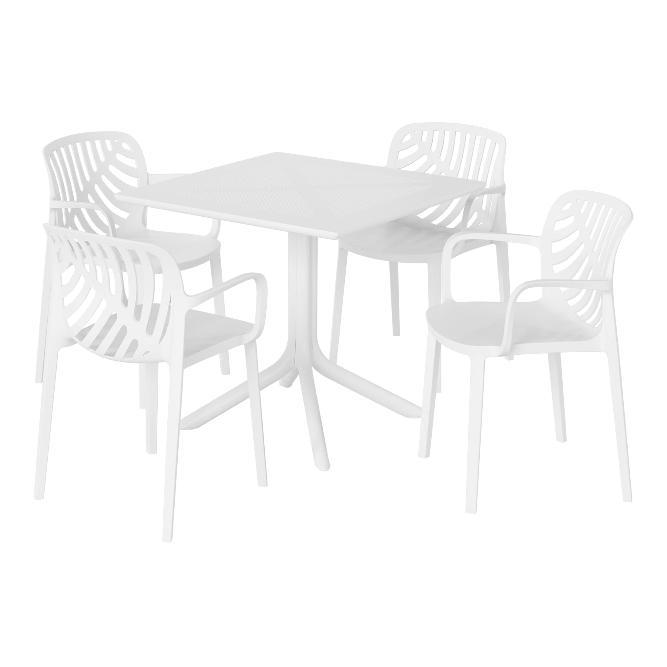 Westin Furniture OP3085-WH FrondForm 5 -Piece White Patio Dining Set Plastic Square Table with 4 Stackable Stationary Chairs