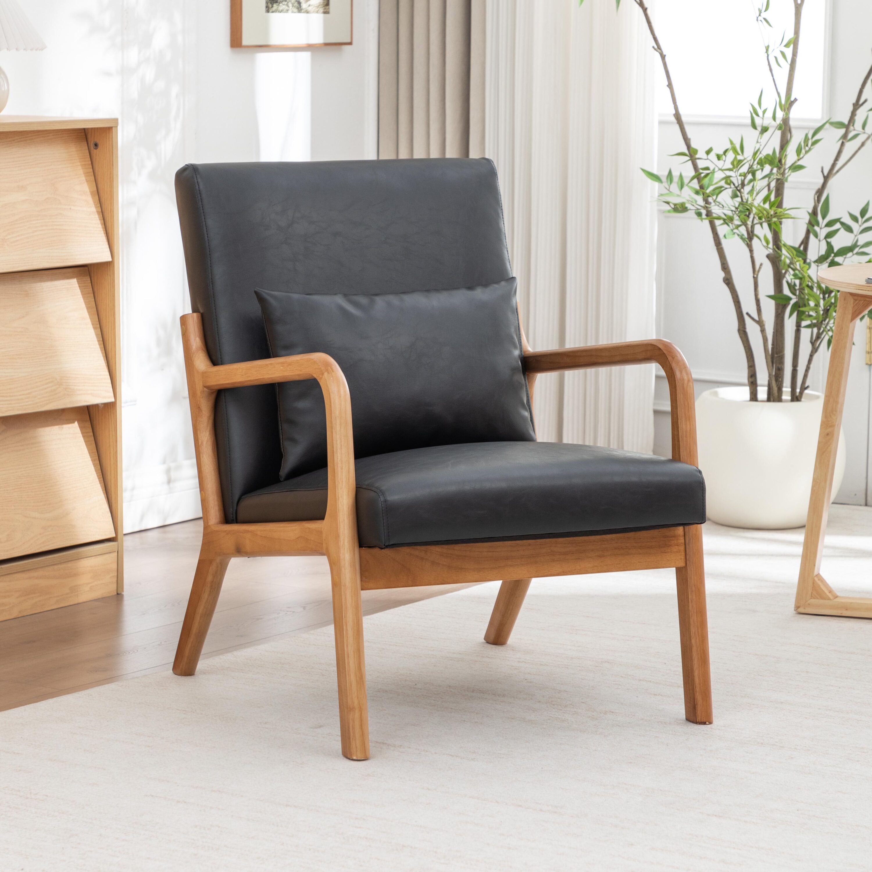 SEYNAR  Mid-Century PU Leather Accent Chair with Lumbar Pillow