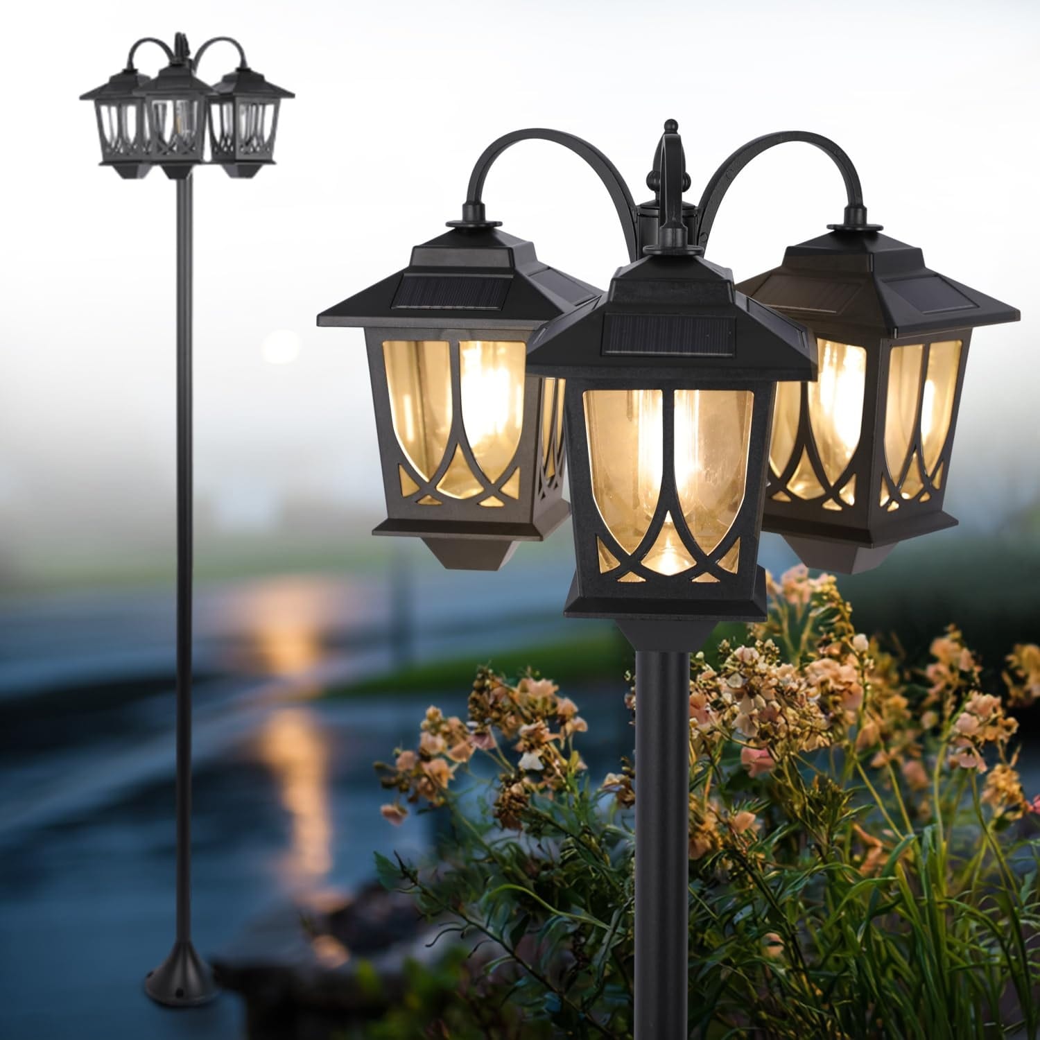 Lukvuzo  3-Head Solar Lamp Post Light 73 Inch Aluminum Outdoor Waterproof Pathway Light Set 60 Lumens 3000K for Garden Lawn Yard Patio