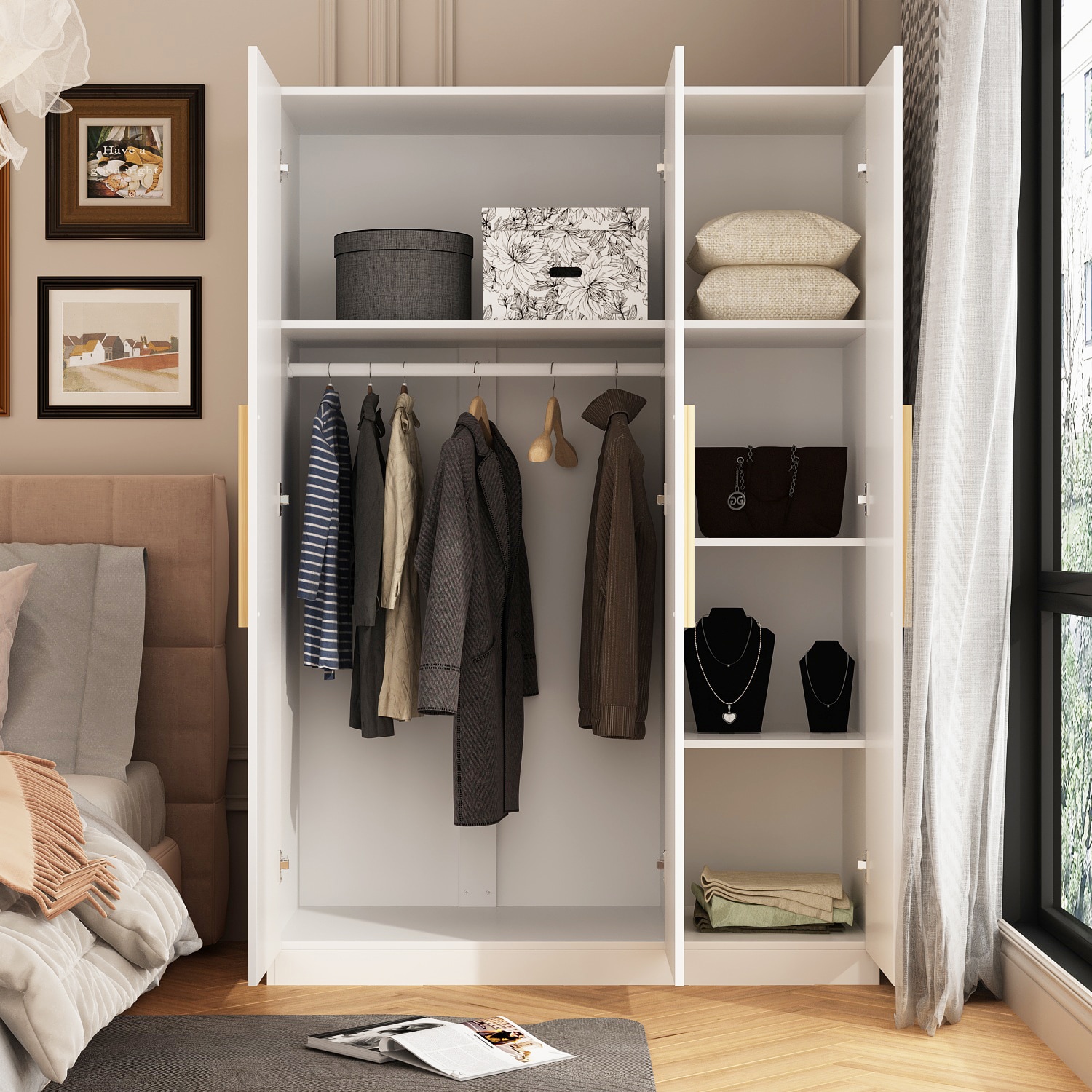 FUFU&GAGA Contemporary 3-Door Wardrobe Closet with 4 Drawers, Spacious  Storage, Metal Drawer Glides, White Finish in the Armoires department at